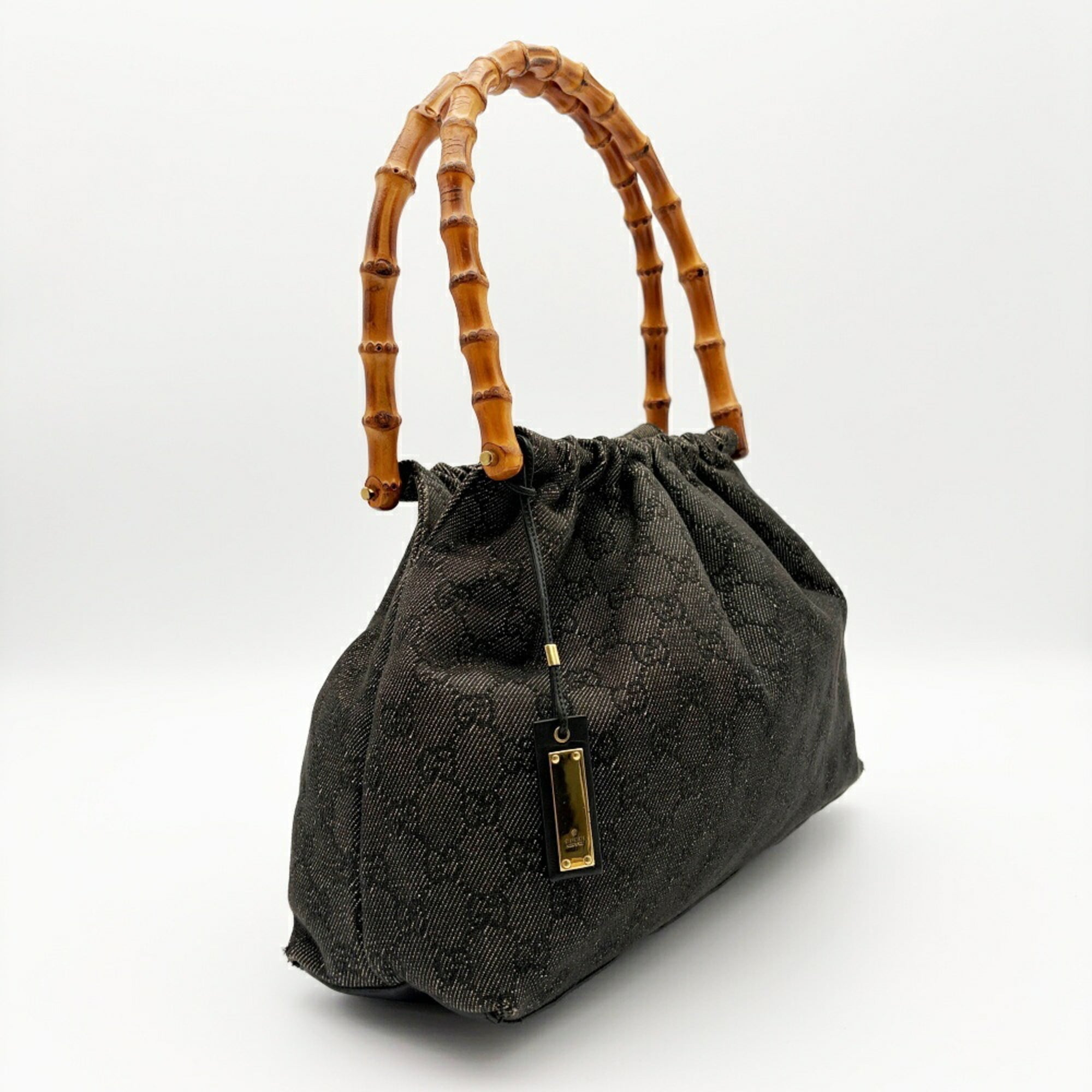 Gucci Black Dark Gray Bamboo Gg Canvas Leather Shoulder Bag Tote Bag (Pre-Owned)