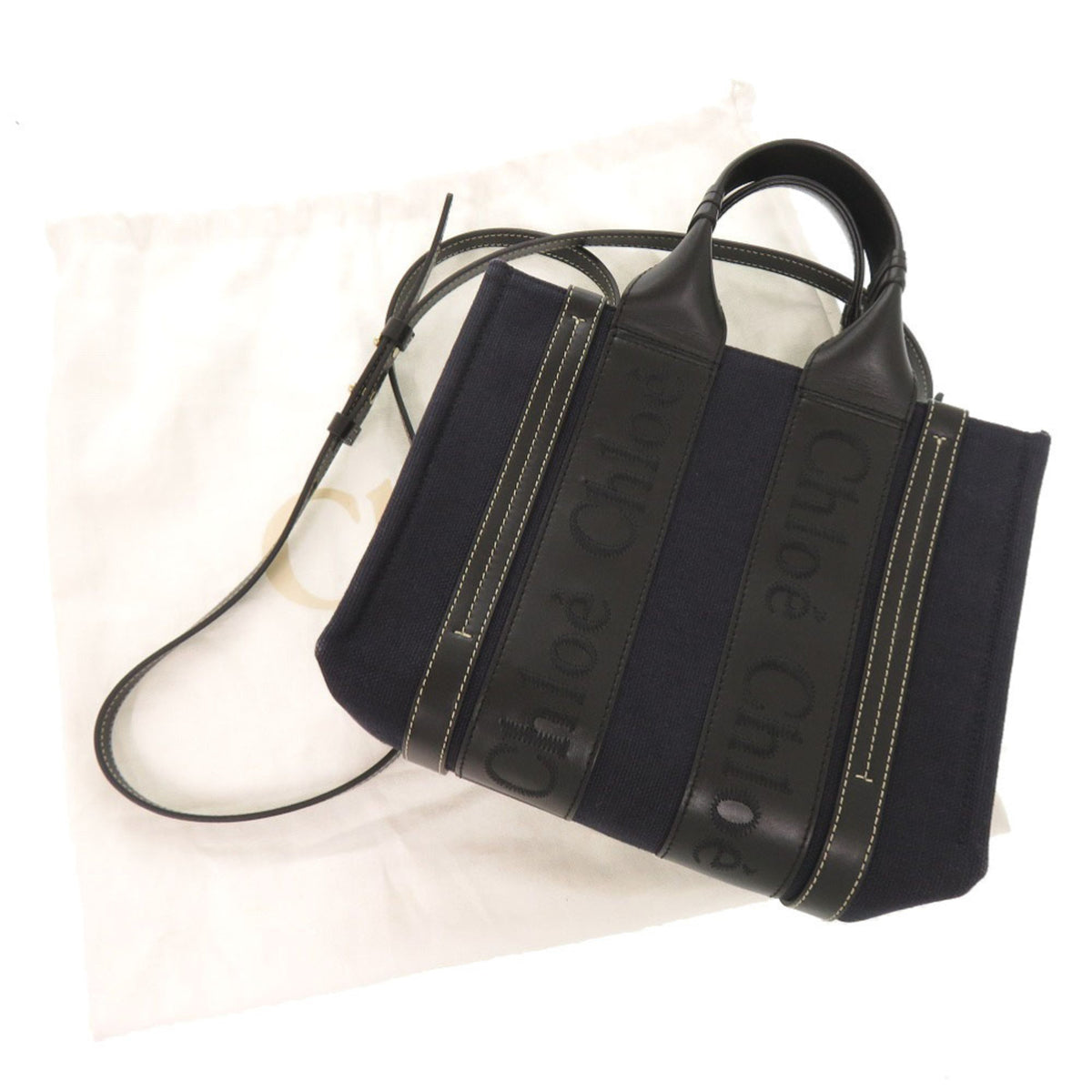 Chloé Black Navy Leather Linen Canvas Handbag Shoulder Bag Tote Bag (Pre-Owned)