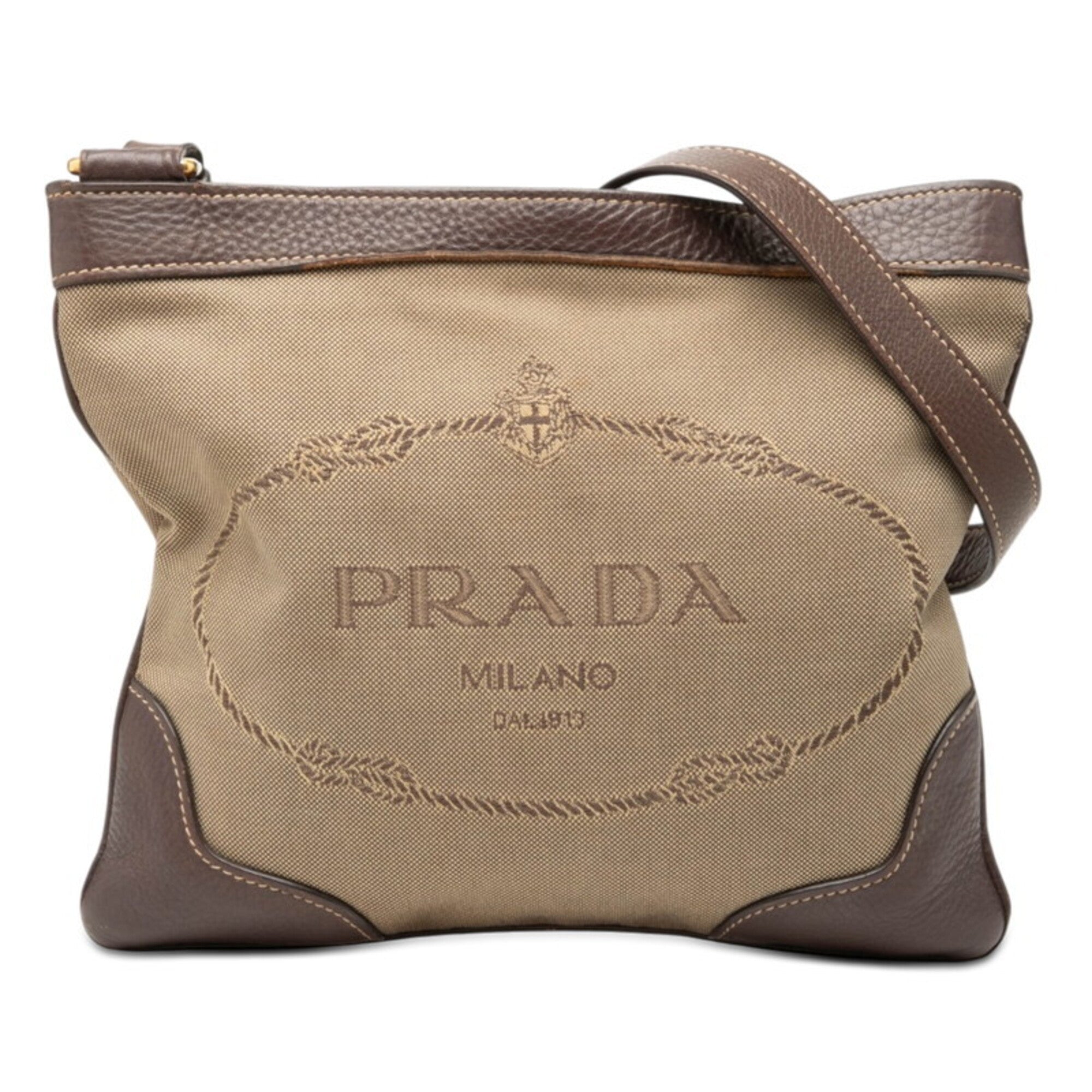 Prada Canapa Brown Canvas Leather Shoulder Bag (Pre-Owned)