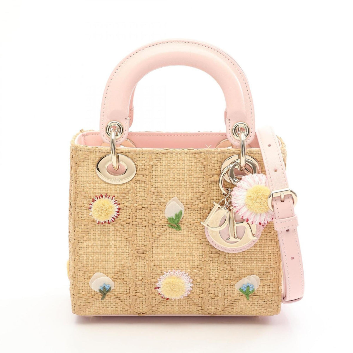 Christian Dior Beige Multi-Color Pink Leather Raffia Handbag (Pre-Owned)