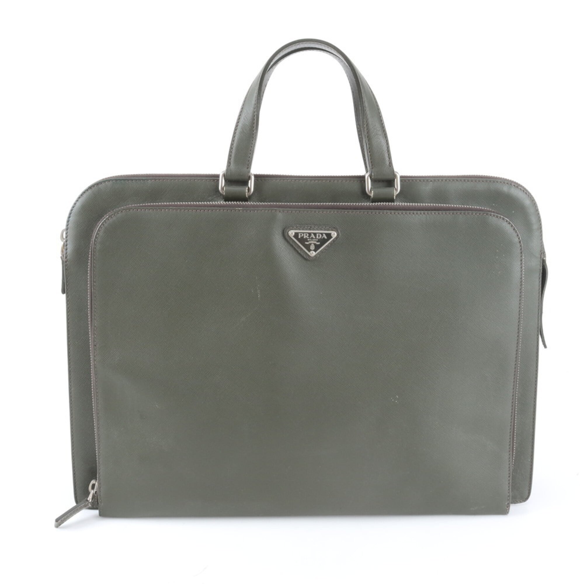 Prada Saffiano Khaki Leather Briefcase Handbag (Pre-Owned)