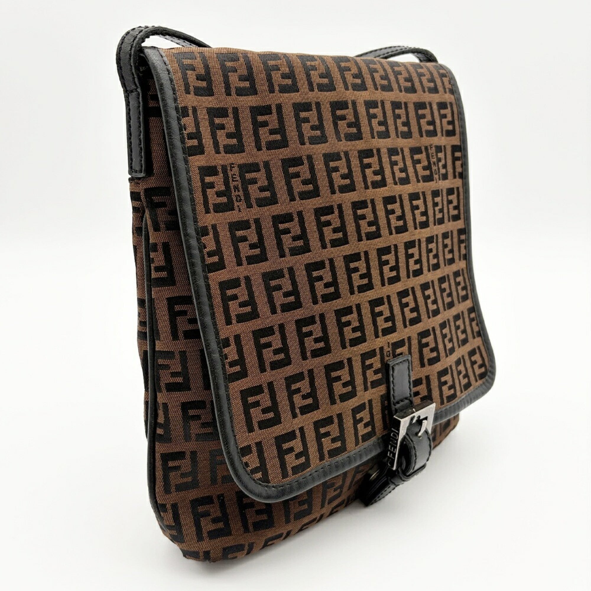 Fendi Zucca Black Brown Canvas Leather Shoulder Bag (Pre-Owned)