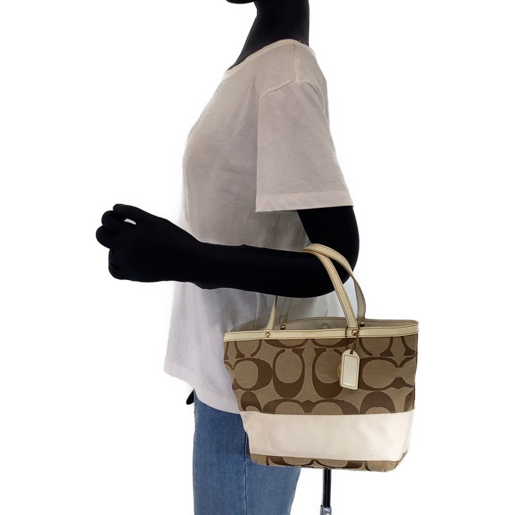 Coach Beige White Leather Canvas Handbag Tote Bag (Pre-Owned)