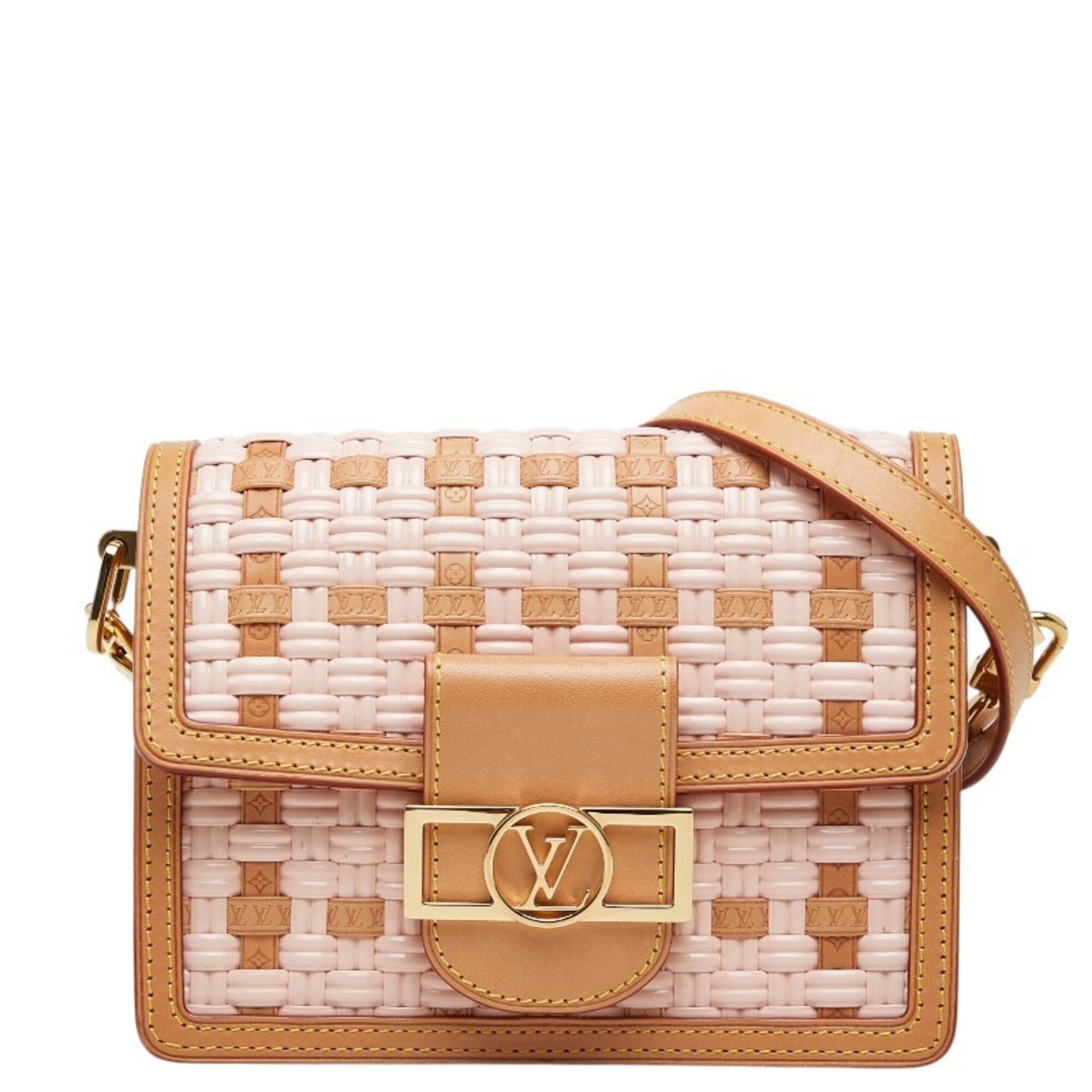 Louis Vuitton Pink Beige Leather Straw Shoulder Bag (Pre-Owned)