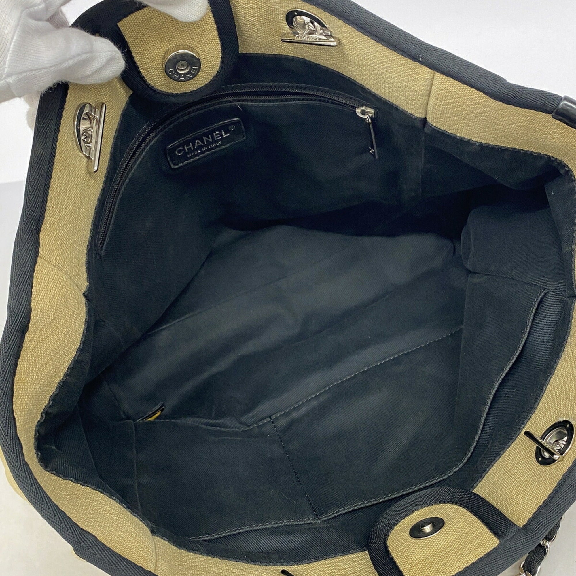 Chanel Beige Black Canvas Tote Bag (Pre-Owned)