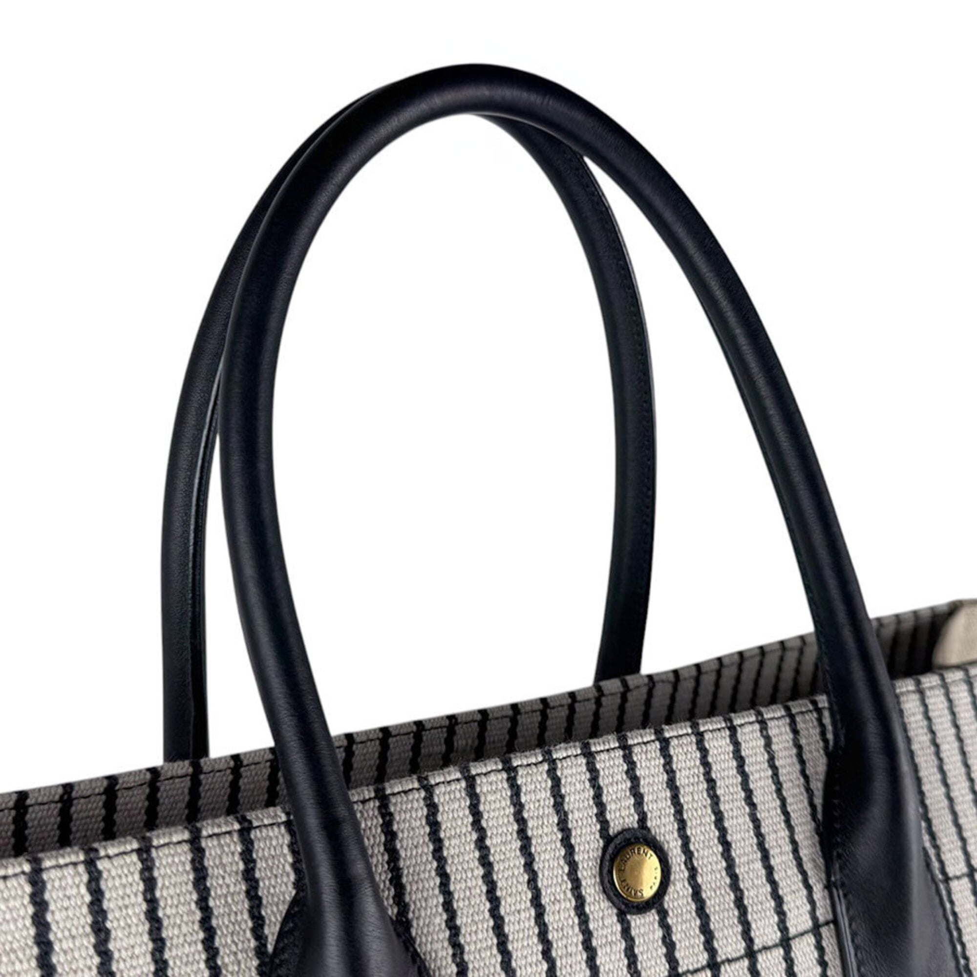 Saint Laurent Beige Black Ivory Canvas Leather Handbag Tote Bag (Pre-Owned)