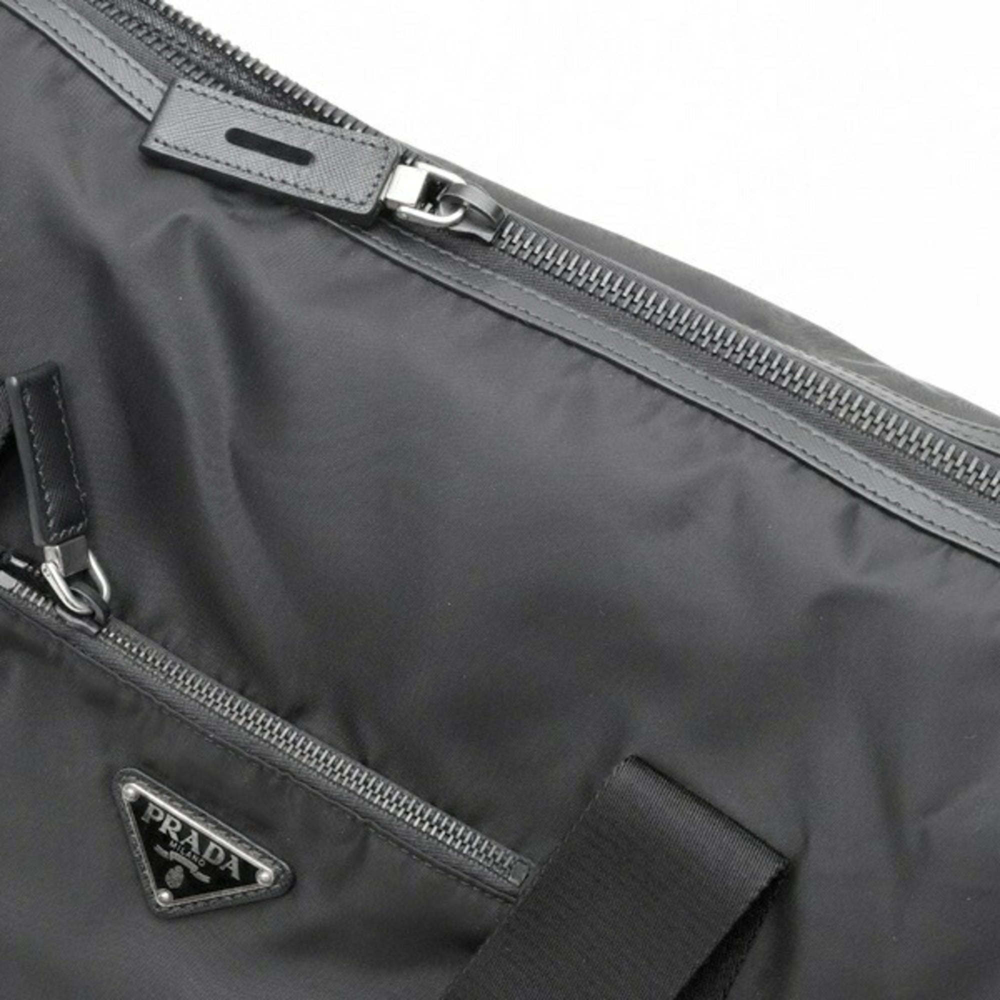 Prada Black Nylon Leather Fabric Saffiano Boston Bag (Pre-Owned)