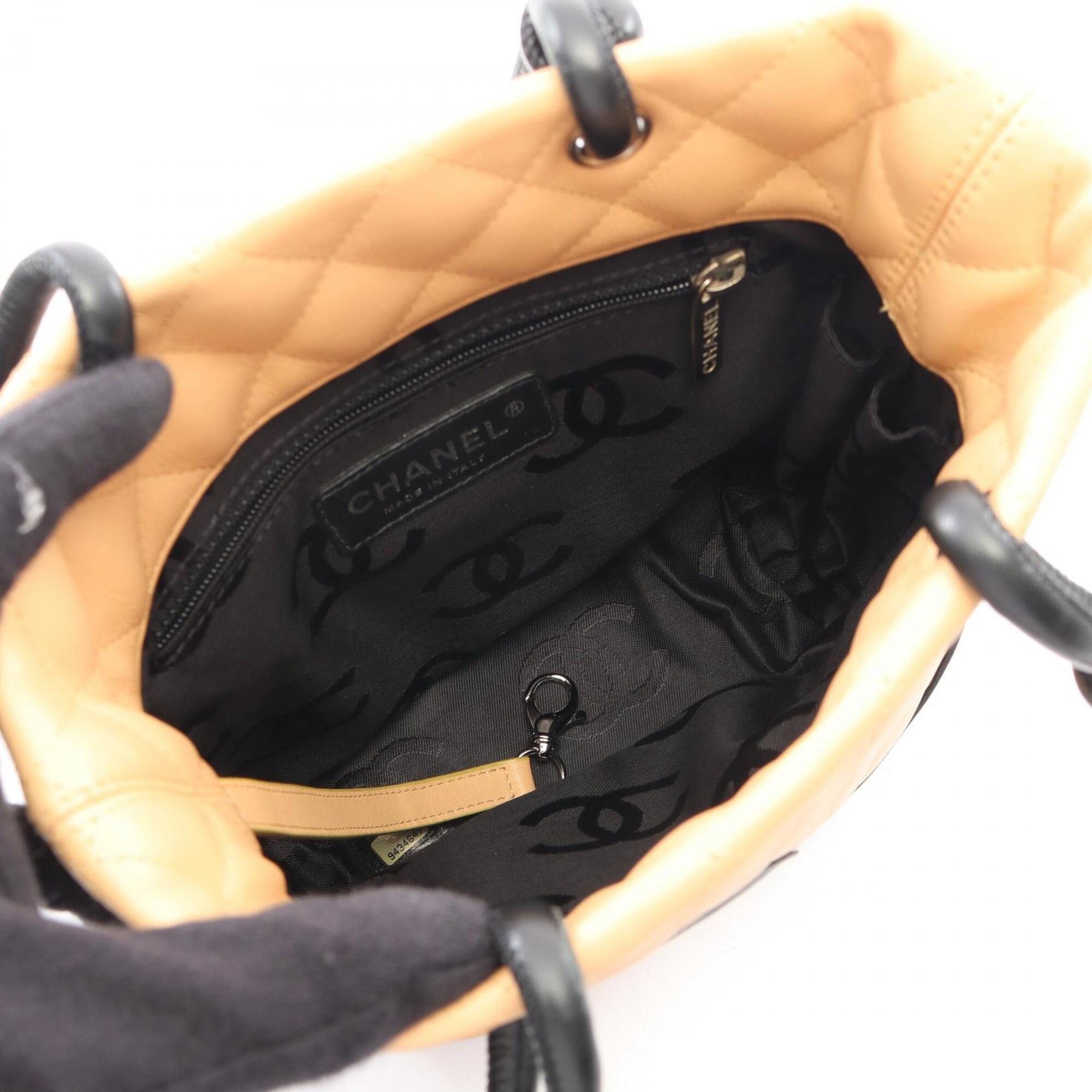Chanel Beige Black Leather Handbag Tote Bag (Pre-Owned)