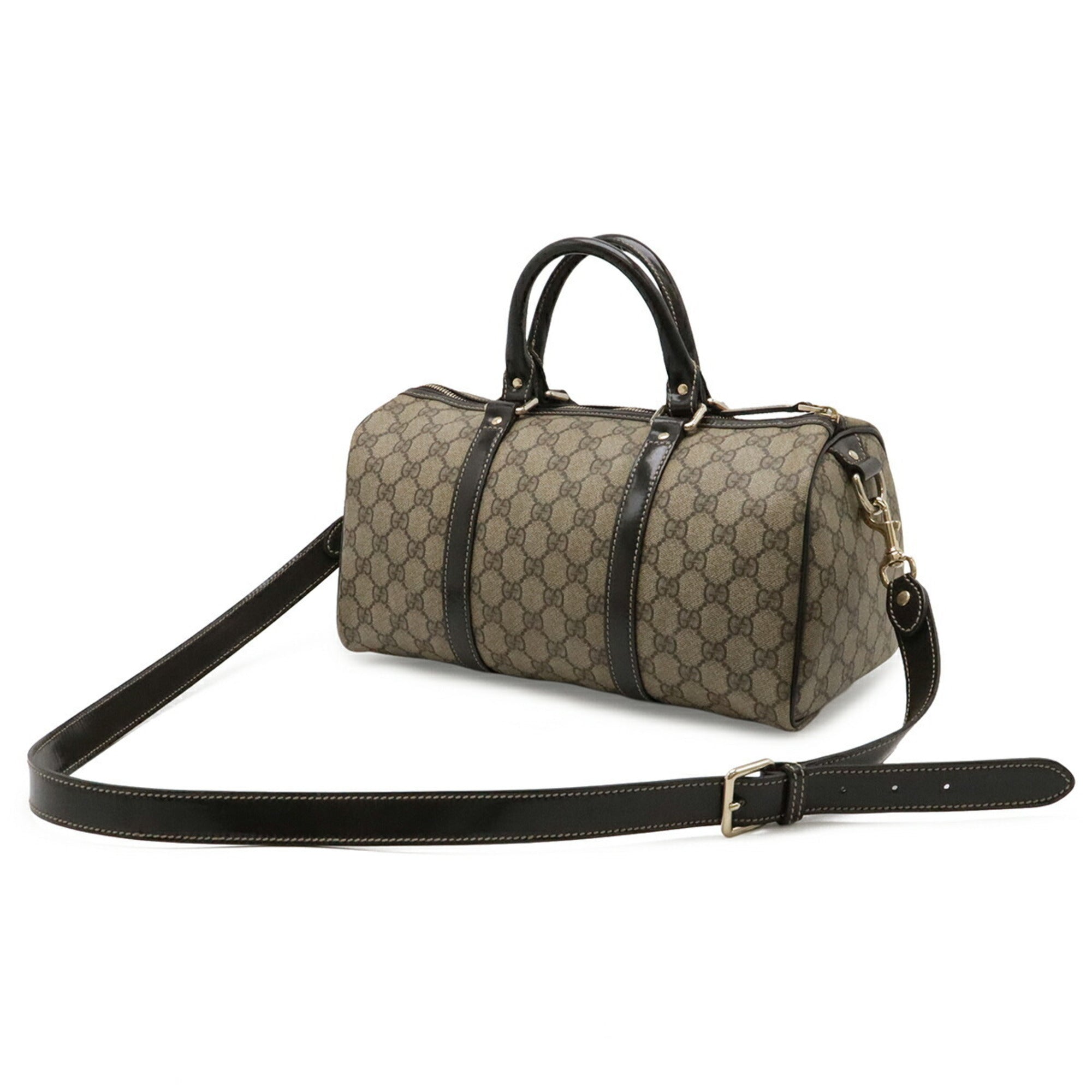 Gucci Beige Dark Brown Khaki Gg Supreme Canvas Patent Leather Boston Bag Handbag Shoulder Bag (Pre-Owned)