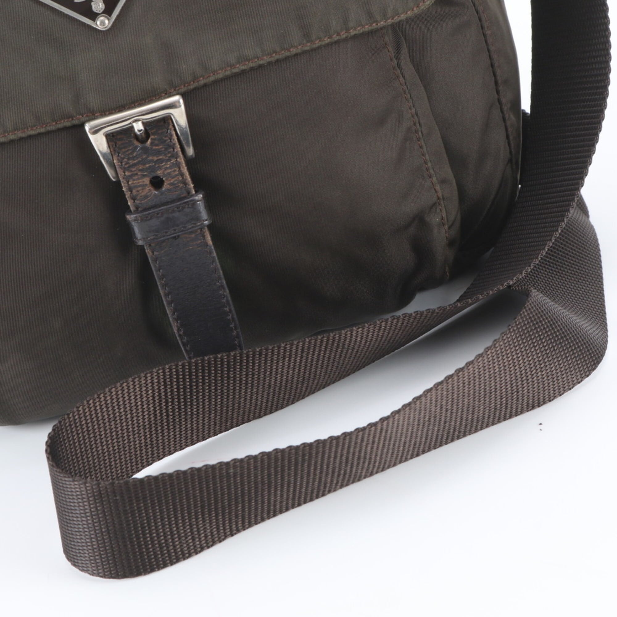 Prada Brown Green Khaki Nylon Leather Messenger Bag Shoulder Bag (Pre-Owned)