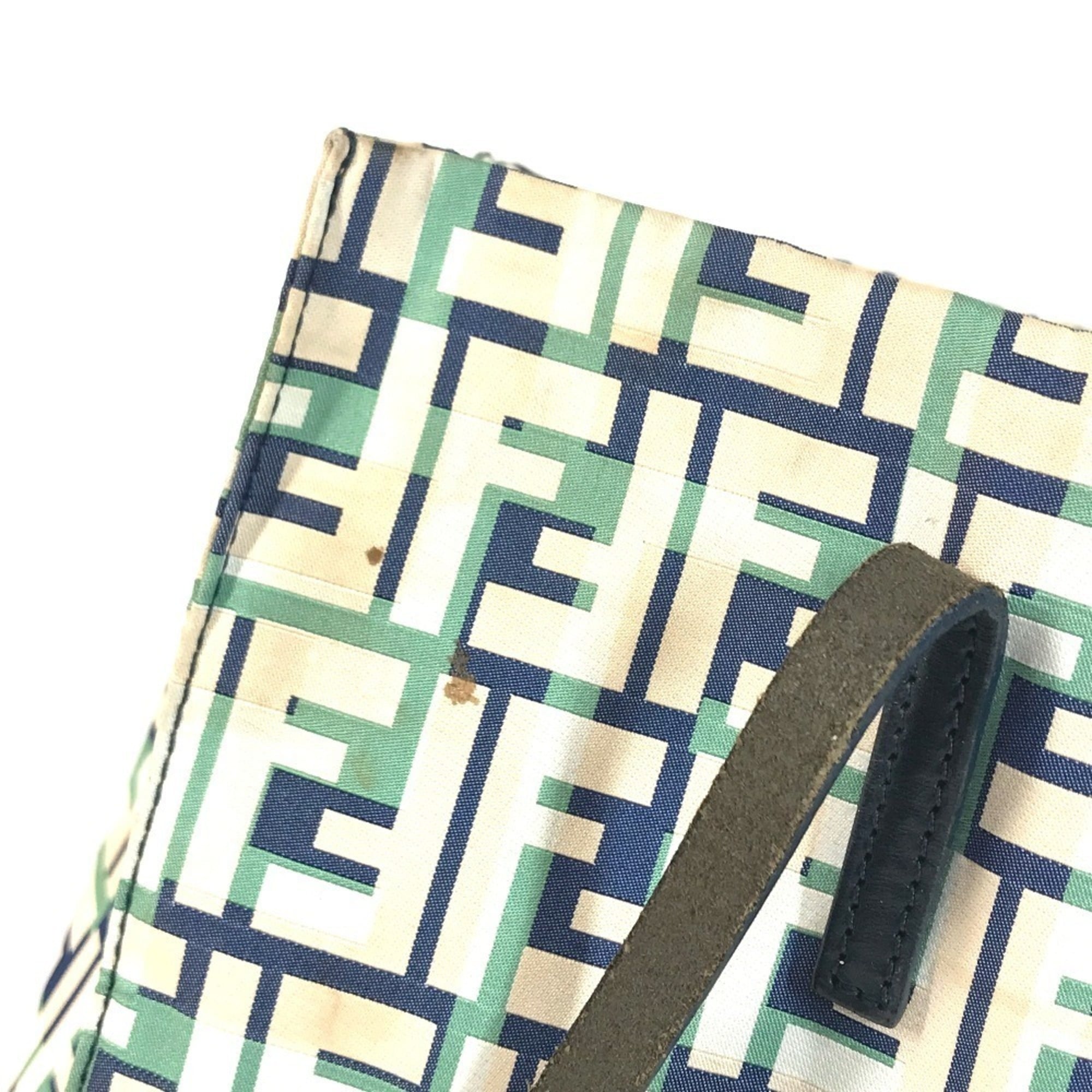 Fendi Beige Blue Green Leather Canvas Shoulder Bag Tote Bag (Pre-Owned)
