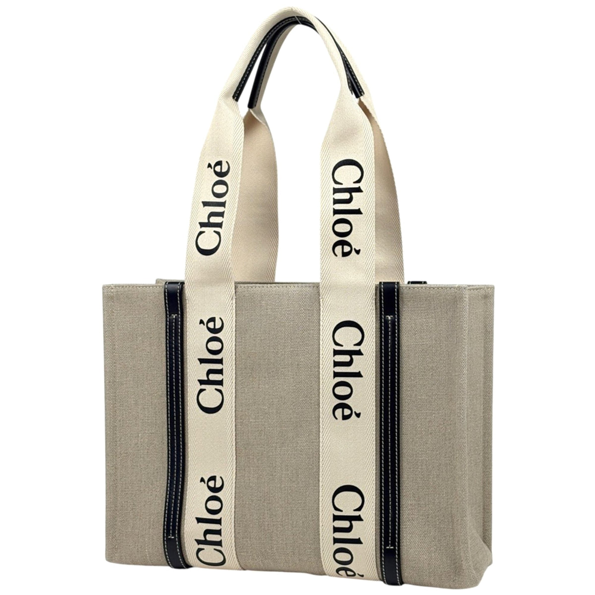Chloé Beige Black Canvas Leather Tote Bag (Pre-Owned)