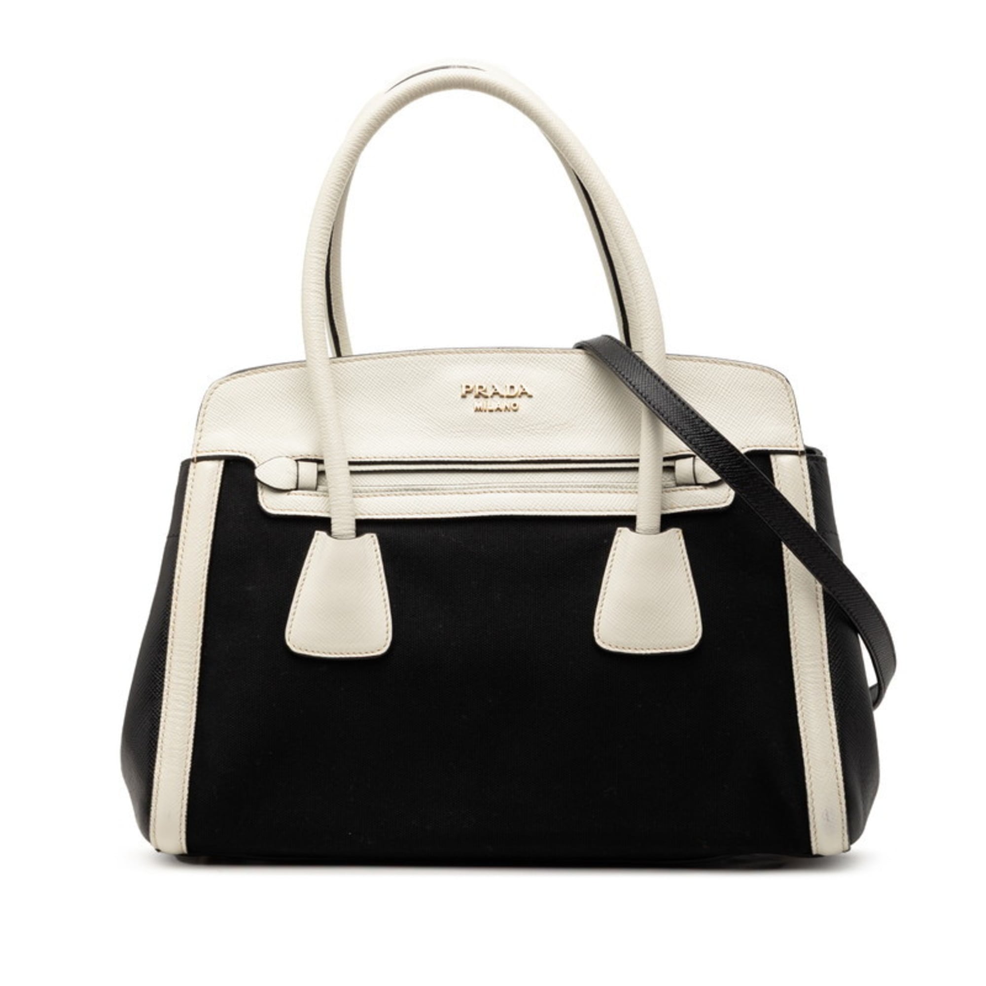 Prada Black White Canvas Leather Handbag (Pre-Owned)