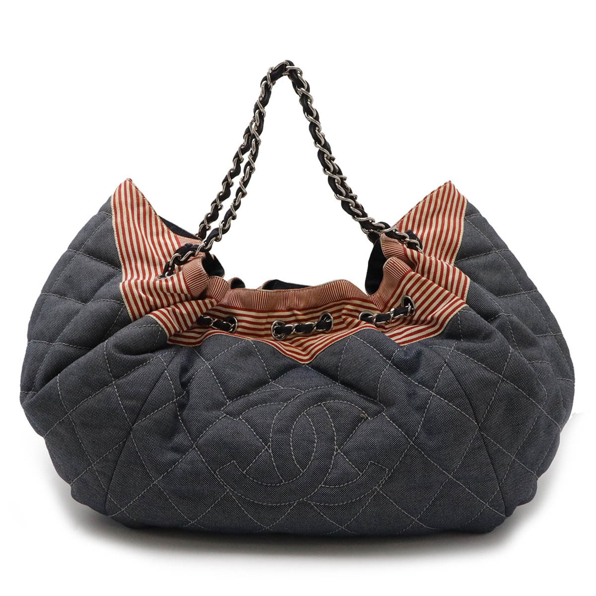 Chanel Navy Red Color Denim Leather Tote Bag (Pre-Owned)