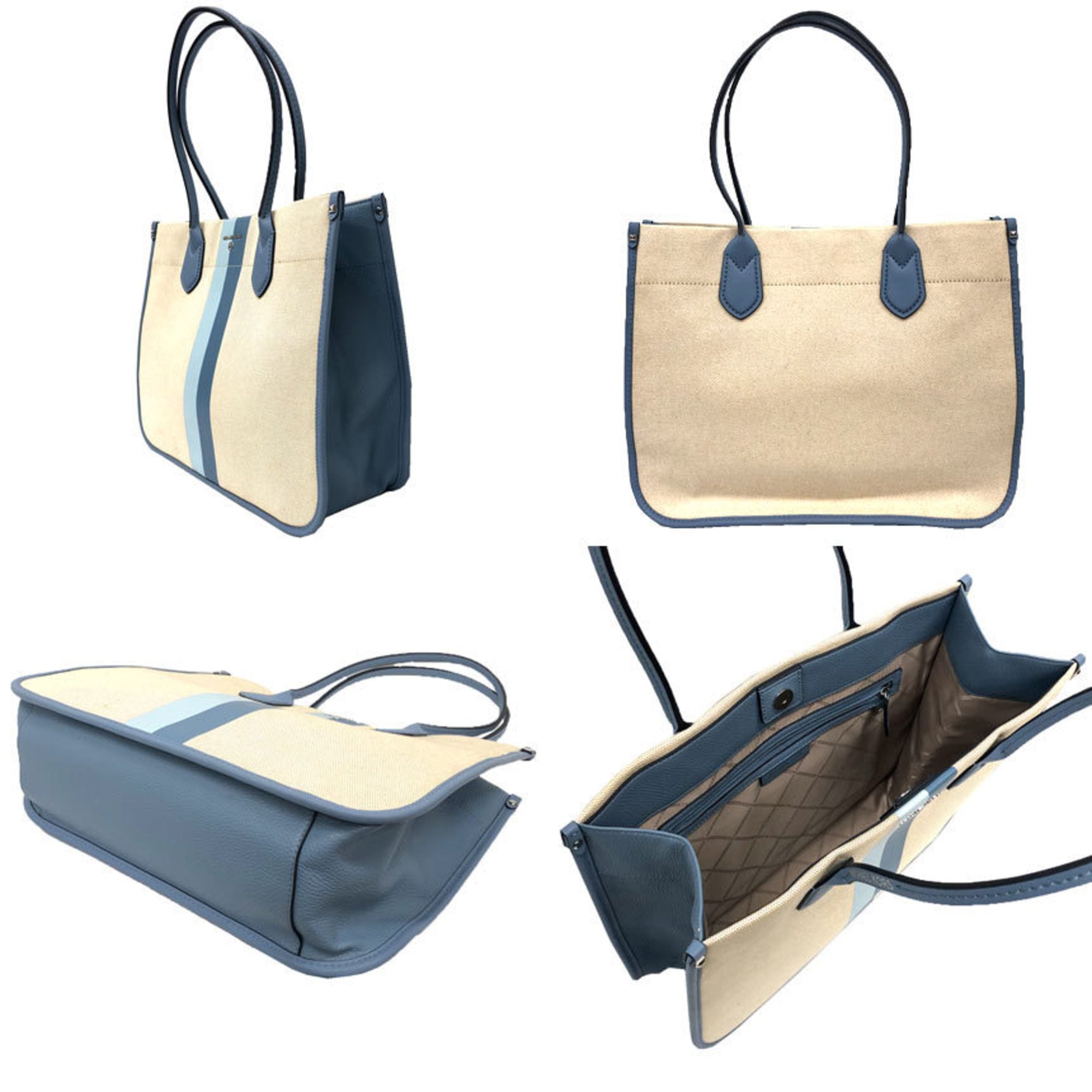 Michael Kors Beige Blue Canvas Leather Tote Bag (Pre-Owned)
