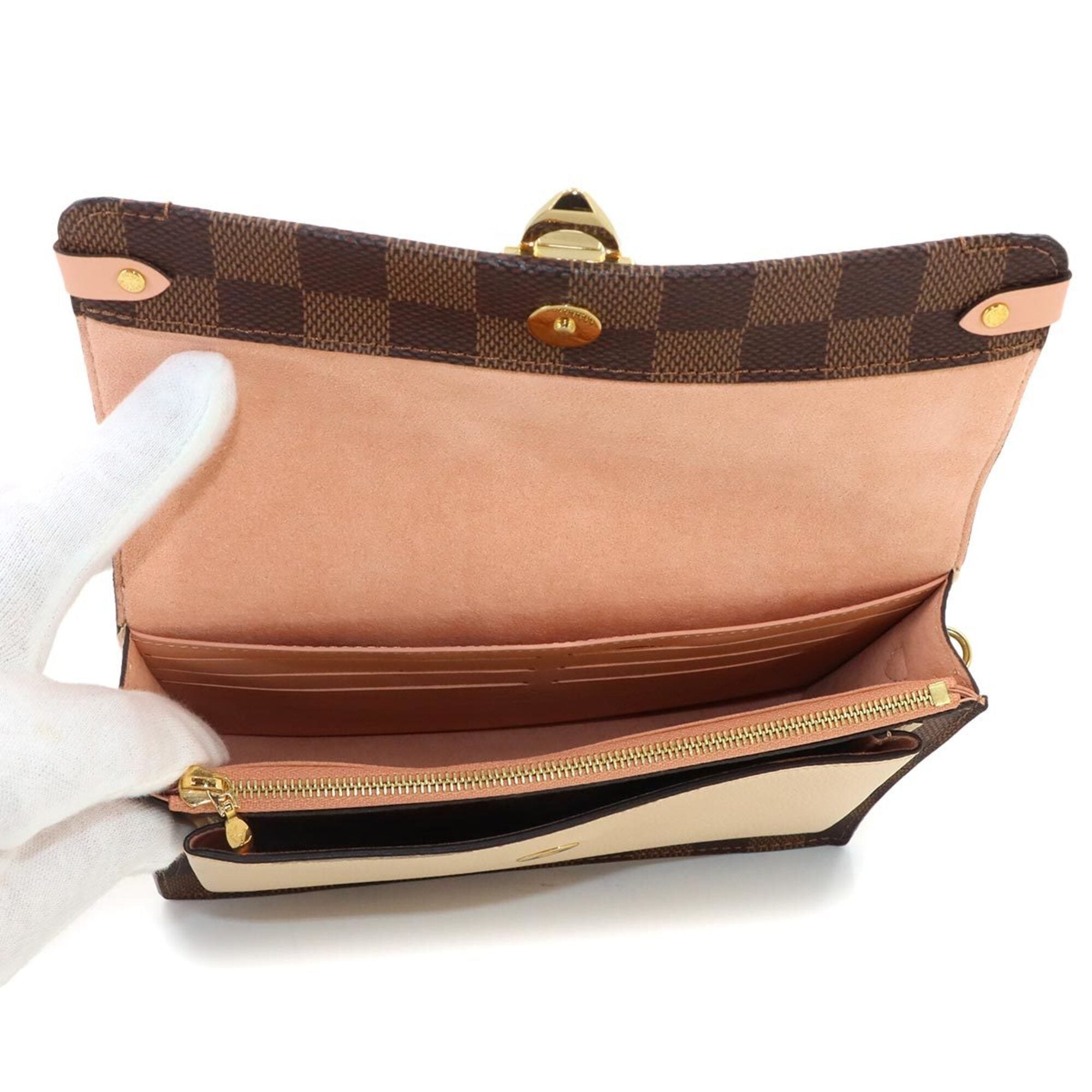Louis Vuitton Damier Ebene Ivory Pink Damier Canvas Leather Chain/Shoulder Wallet (Pre-Owned)