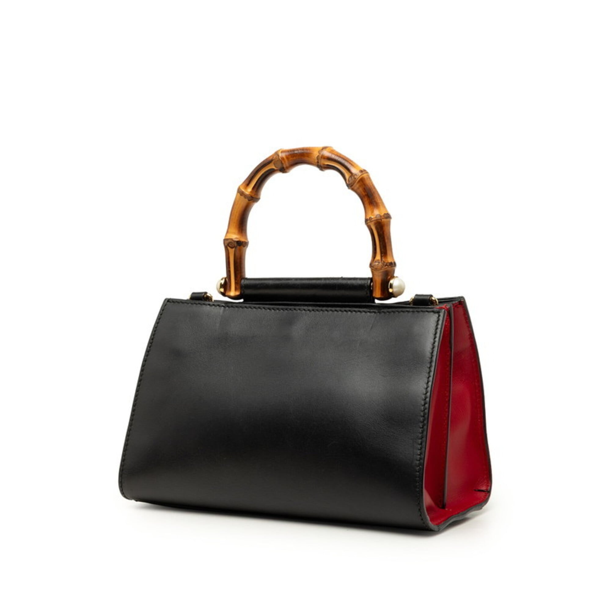 Gucci Black Red Color Bamboo Leather Handbag Shoulder Bag (Pre-Owned)