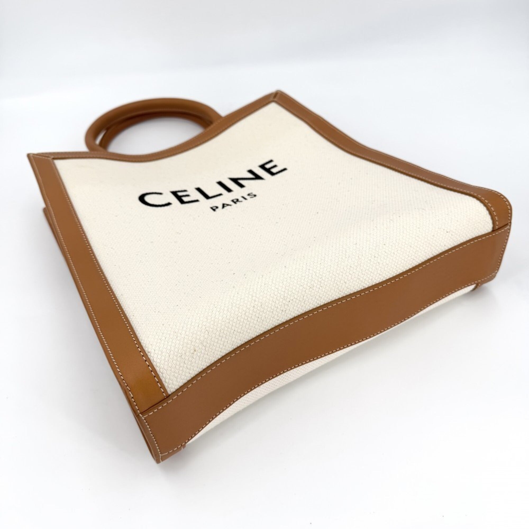 Celine Brown Ivory Canvas Leather Handbag Shoulder Bag Tote Bag (Pre-Owned)