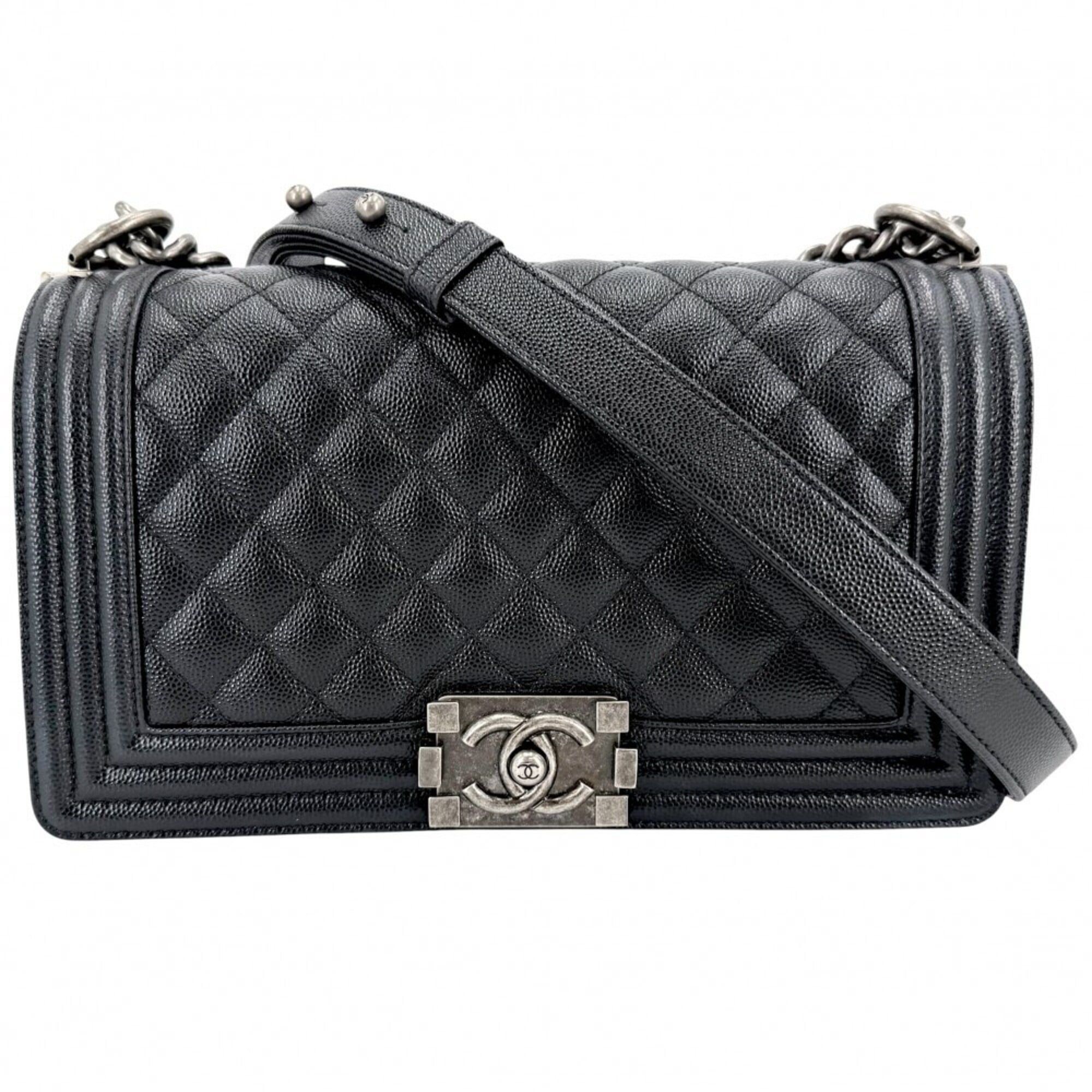 Chanel Black Matte Silver White Grained Calfskin Shoulder Bag (Pre-Owned)