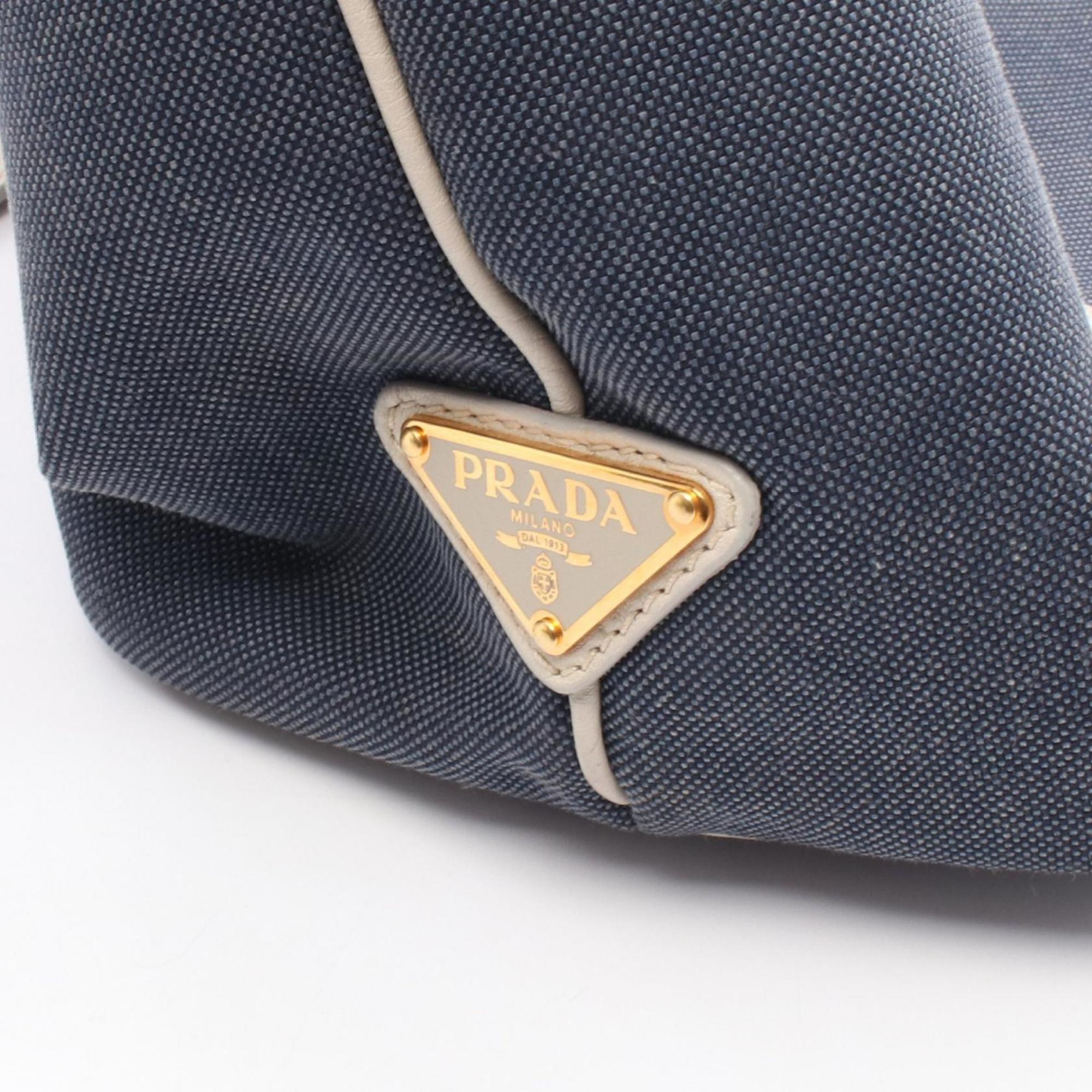 Prada Navy White Canvas Leather Tote Bag (Pre-Owned)