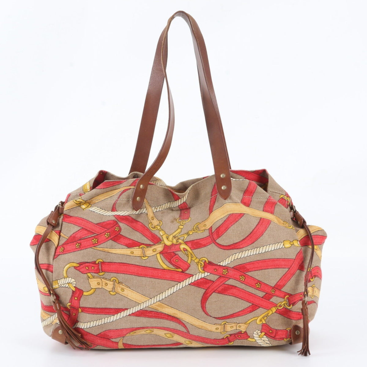 Miu Miu Brown Red Color Leather Canvas Handbag Shoulder Bag Tote Bag (Pre-Owned)