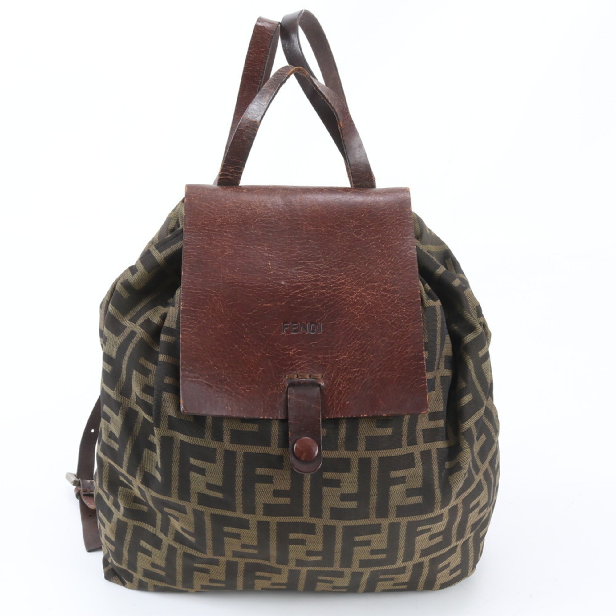Fendi Brown Leather Canvas Backpack Handbag (Pre-Owned)