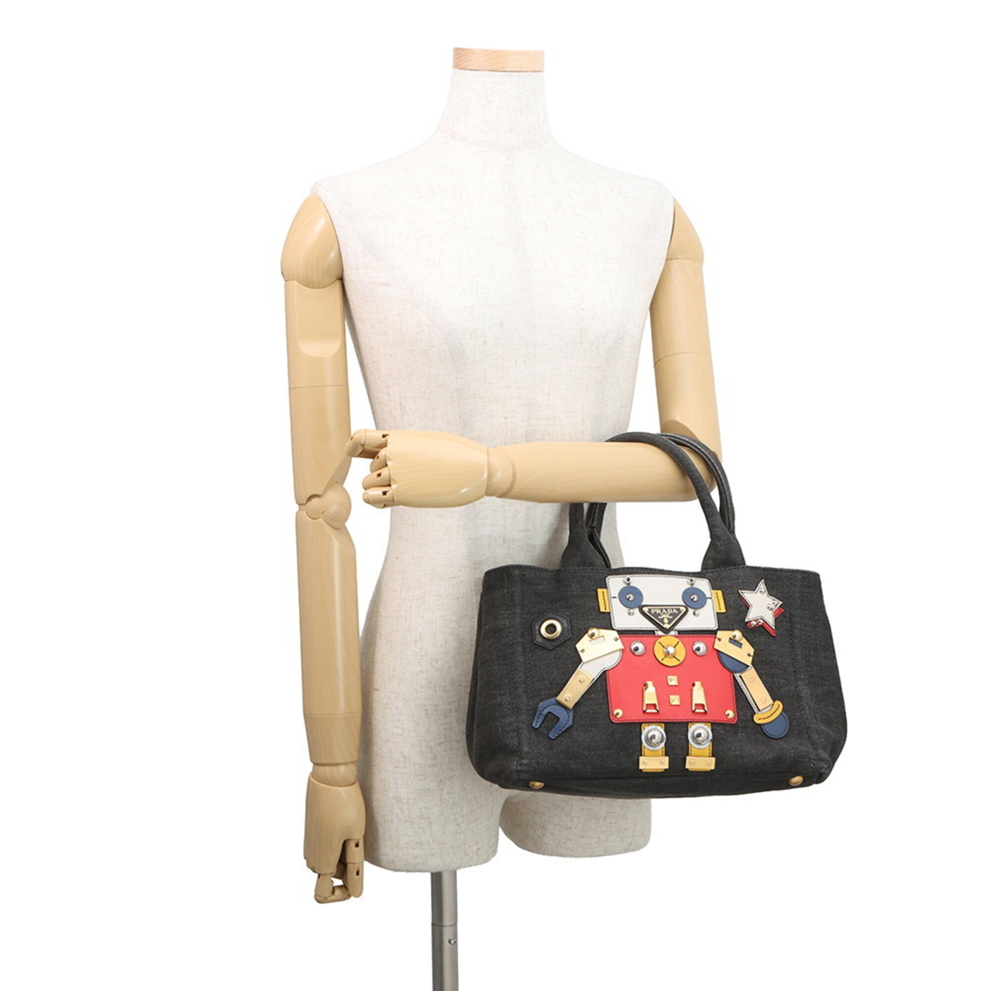 Prada Black Multi-Color Leather Denim Handbag Shoulder Bag Tote Bag (Pre-Owned)