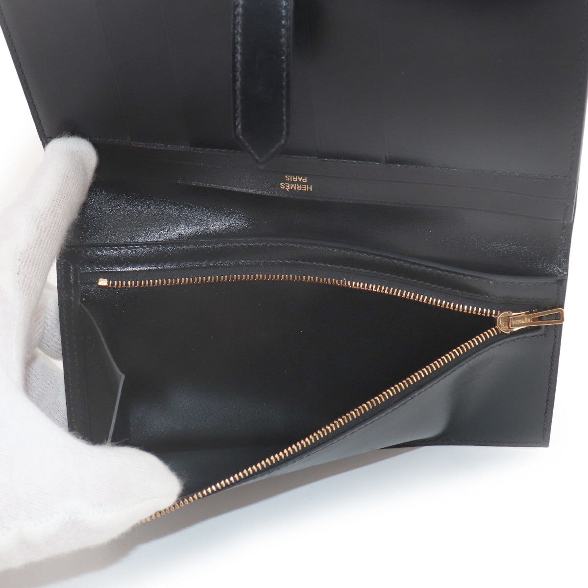 Hermes Black Box Calf Leather Long Wallet (Bi-Fold) (Pre-Owned)