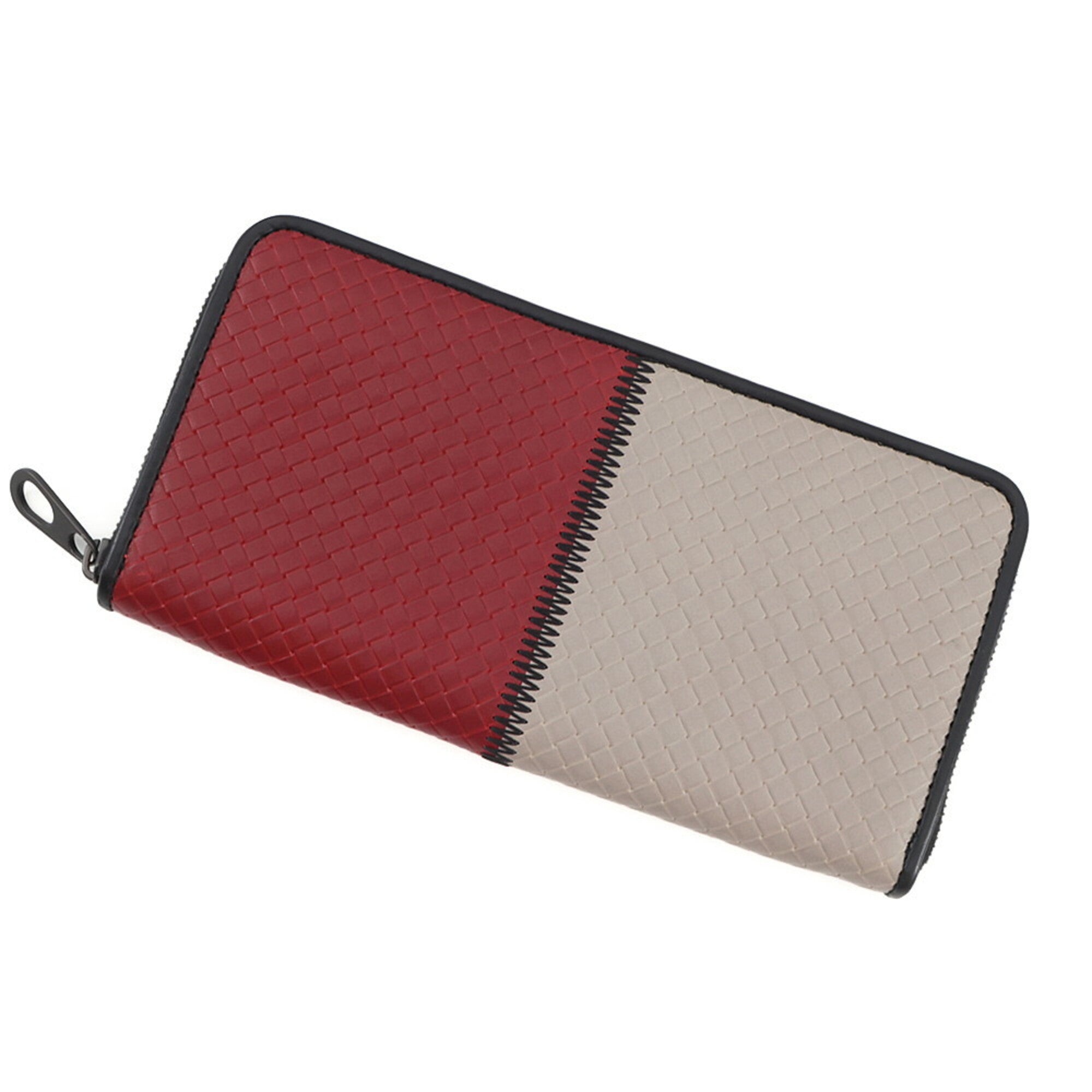Bottega Veneta Intrecciato Gray Red Color Leather Long Wallet (Bi-Fold) (Pre-Owned)