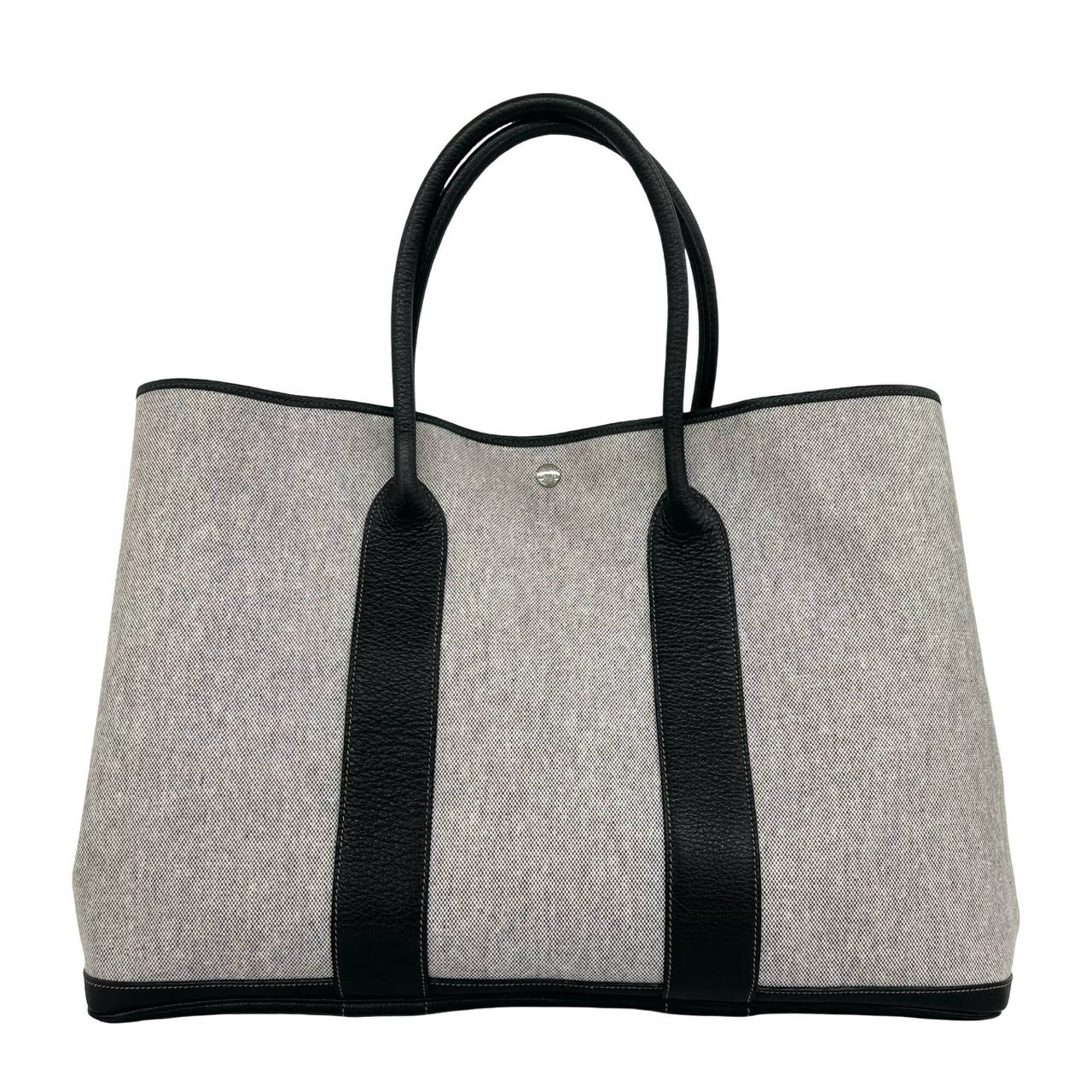 Hermes Black Gray Toile H Buffalo Leather Handbag Tote Bag (Pre-Owned)