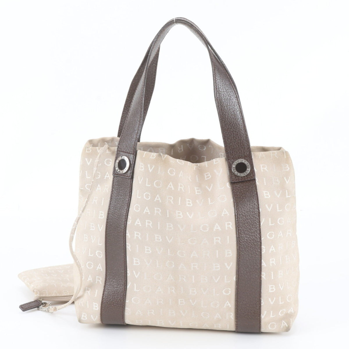 Bvlgari Beige Leather Canvas Handbag Shoulder Bag Tote Bag (Pre-Owned)
