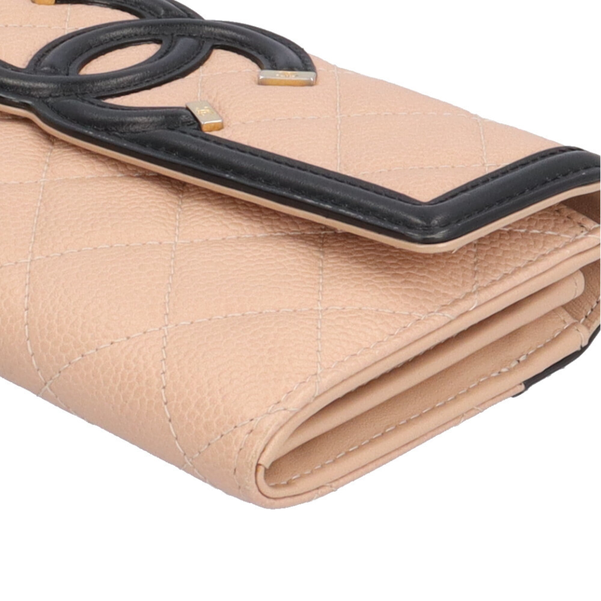 Chanel Beige Black Grained Calfskin Long Wallet (Bi-Fold) (Pre-Owned)
