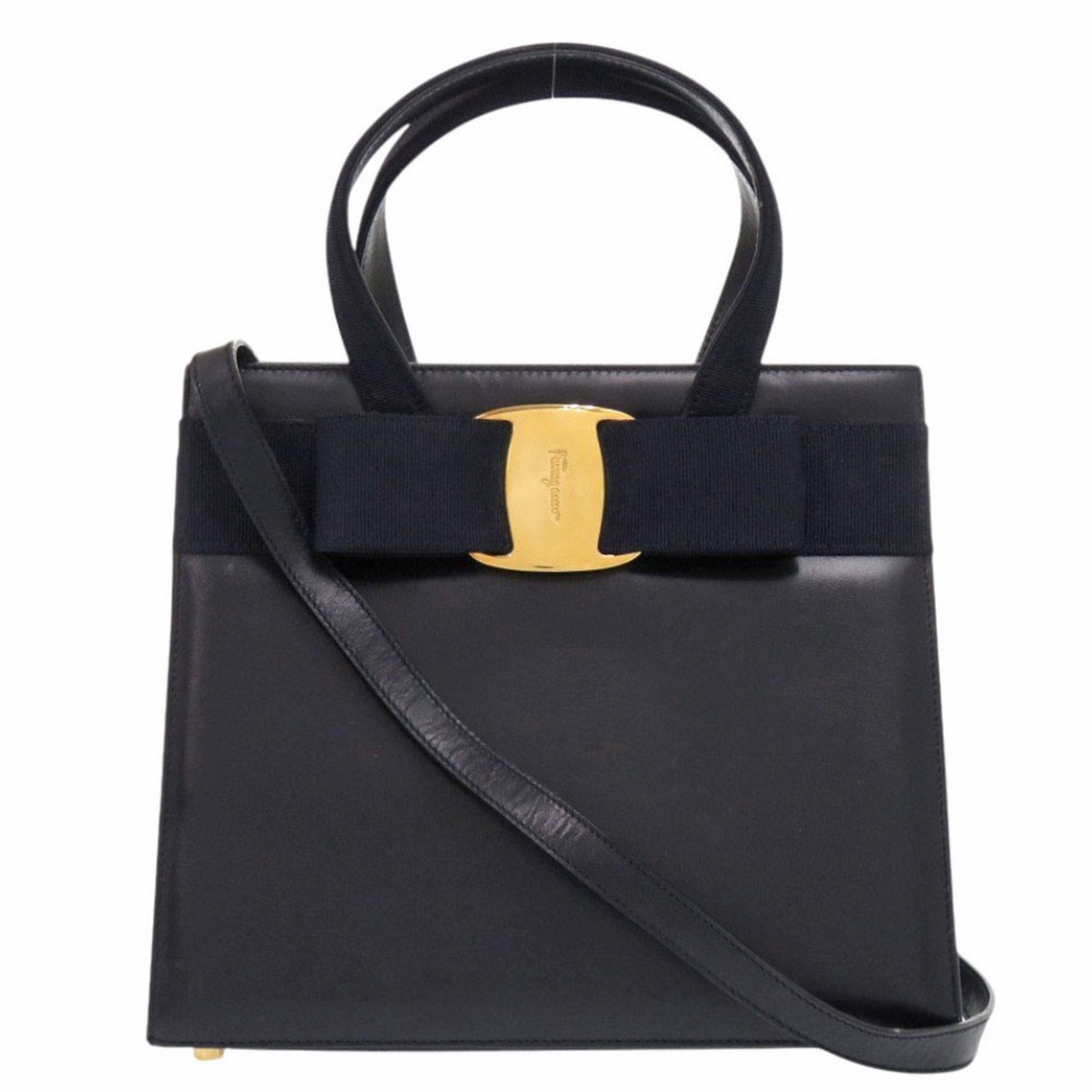 Salvatore Ferragamo Black Navy Leather Handbag Shoulder Bag (Pre-Owned)