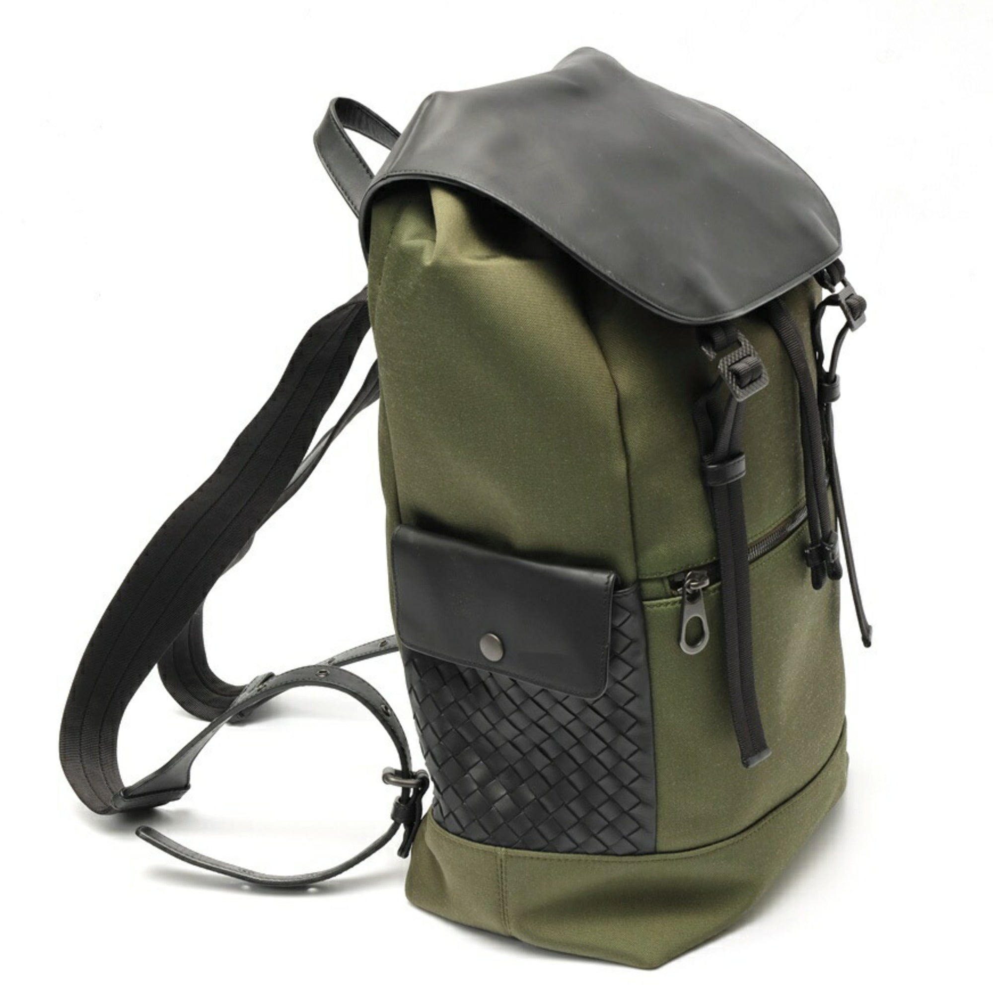 Bottega Veneta Black Khaki Nylon Leather Backpack (Pre-Owned)