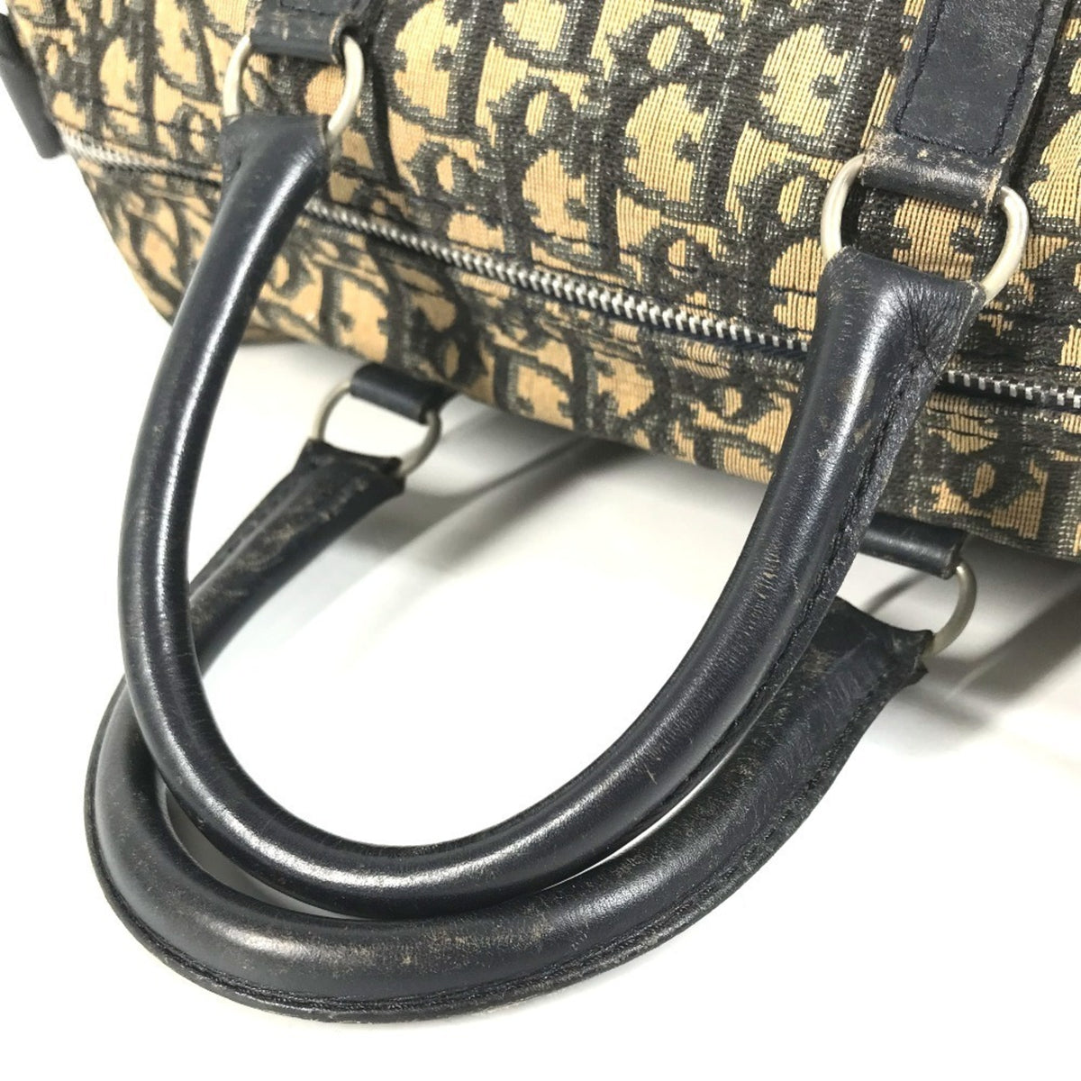 Christian Dior Navy Leather Canvas Boston Bag Handbag (Pre-Owned)