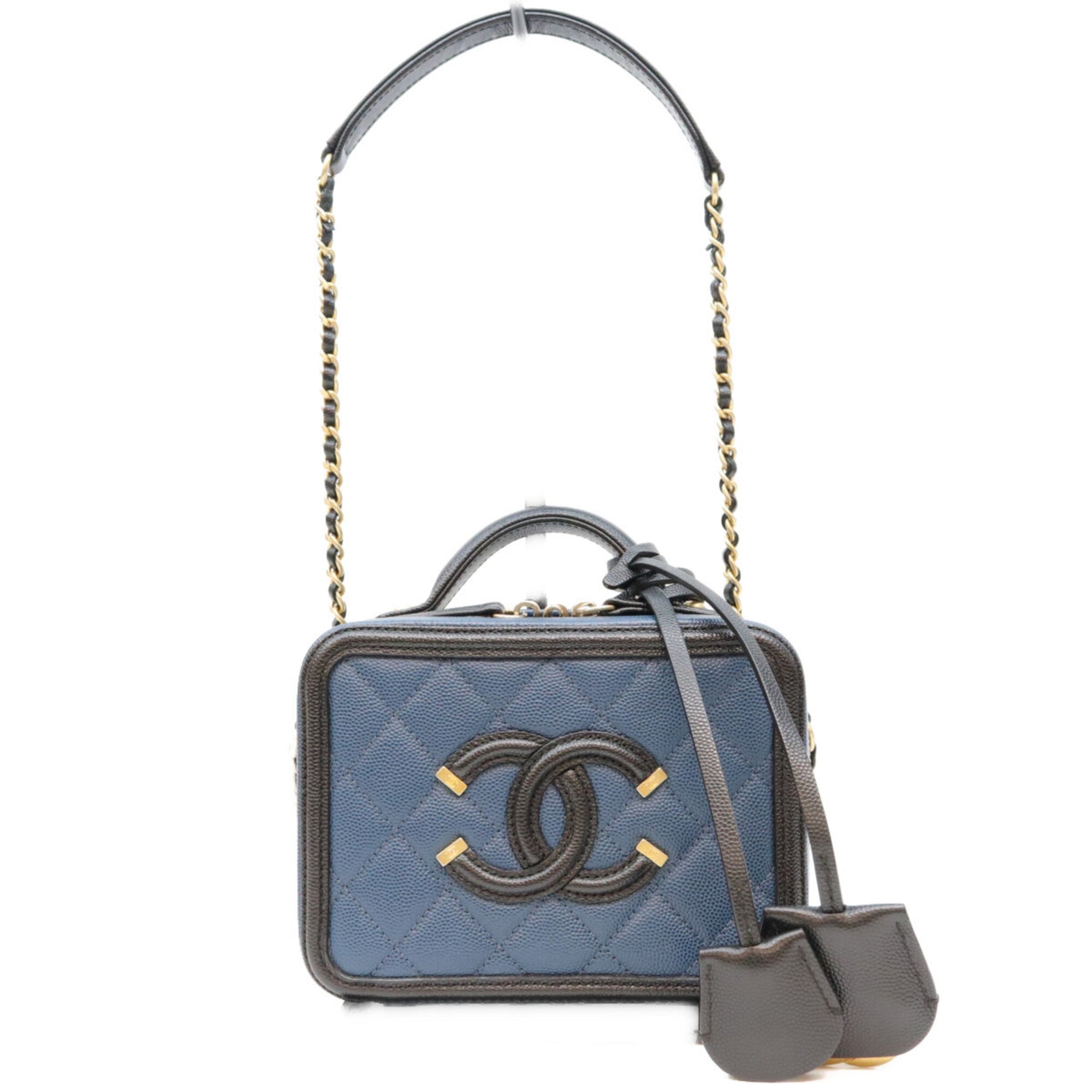 Chanel Black Blue Grained Calfskin Shoulder Bag (Pre-Owned)