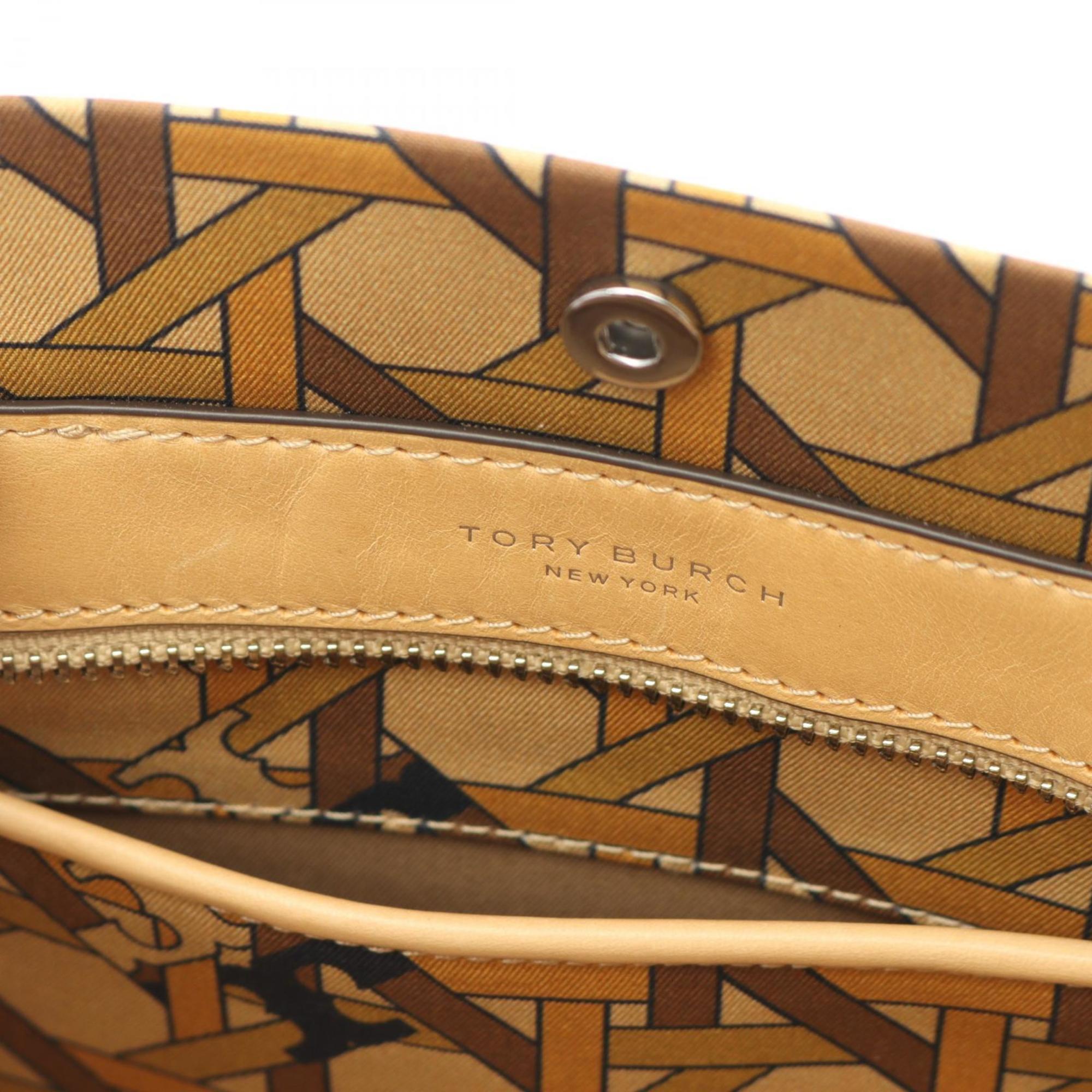 Tory Burch Beige Multi-Color Canvas Leather Basket Tote Bag (Pre-Owned)