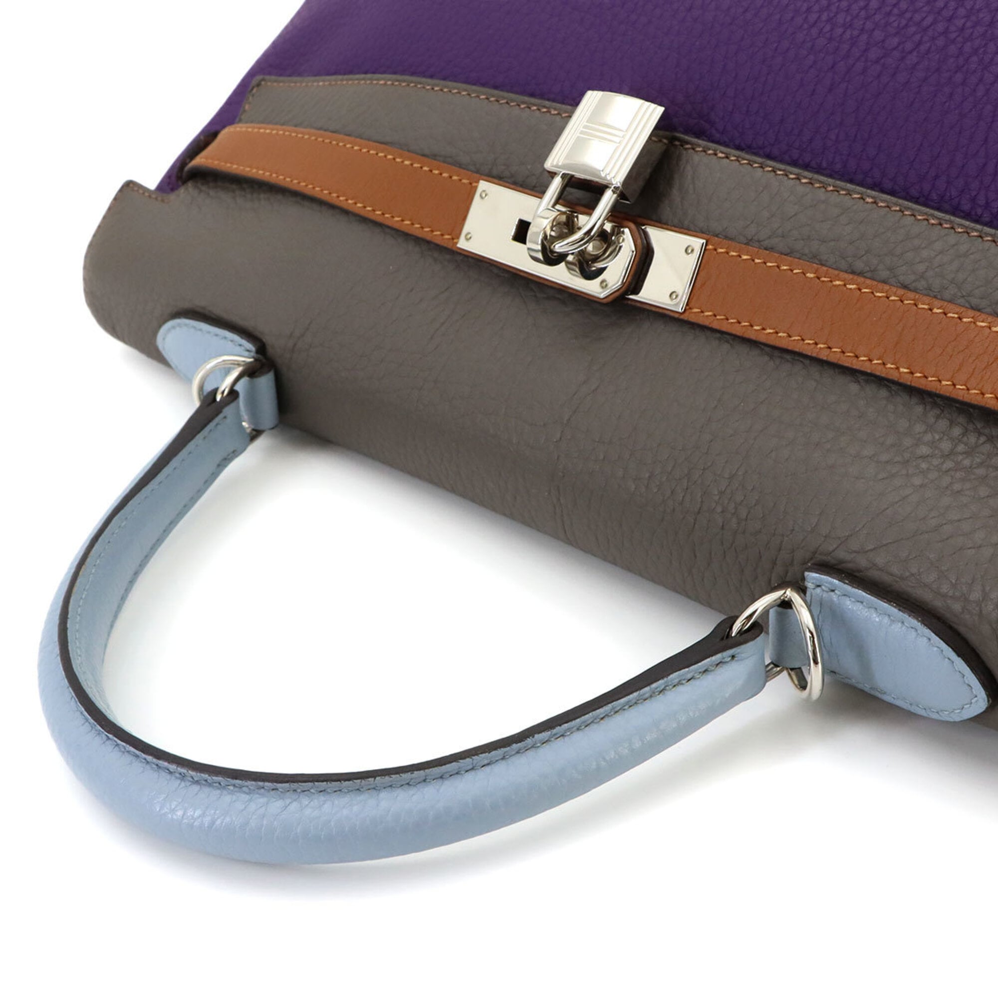 Hermes Blue Lin Blue Obscurs Brown Etain Etoupe Gray Taurillon Clemence Leather Handbag (Pre-Owned)