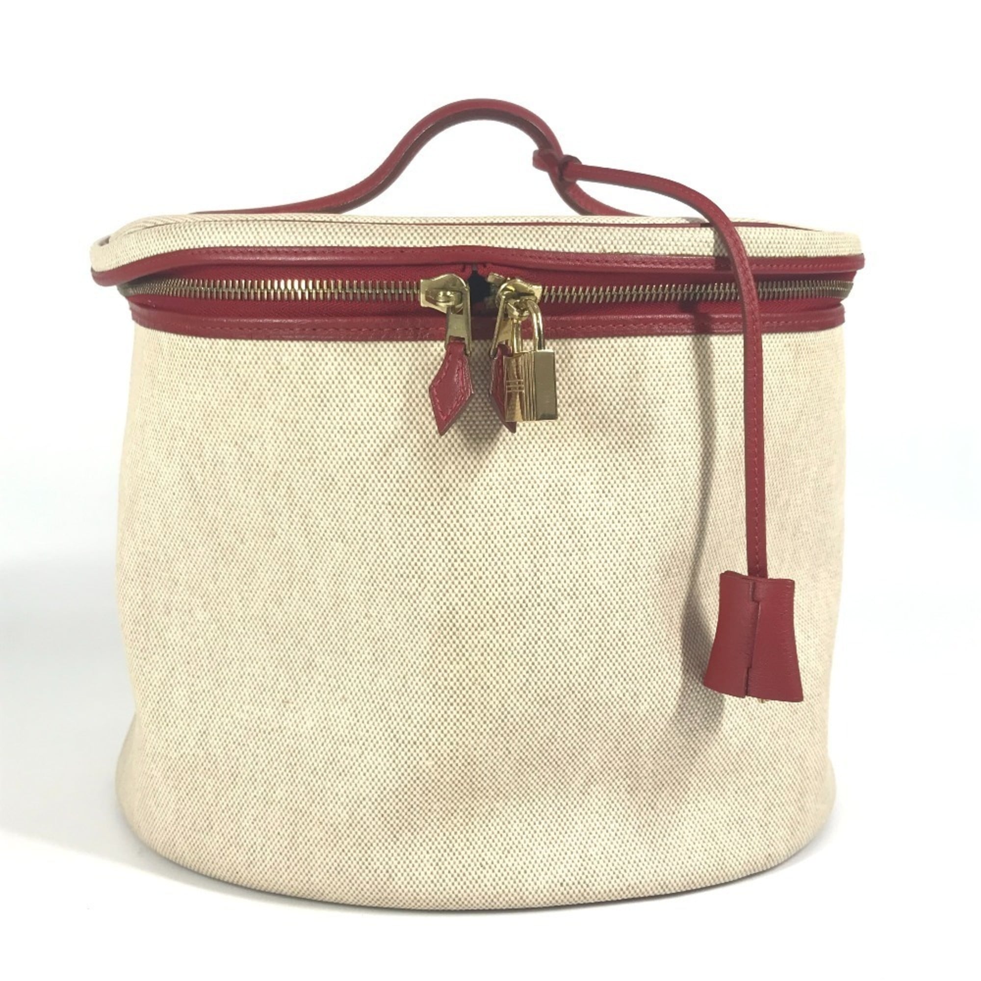 Hermes Intercity Beige Bicolor Red Color Coated Canvas Leather Handbag Vanity Bag (Pre-Owned)