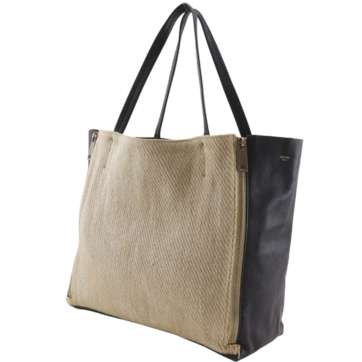 Celine Cabas Beige Black Linen Leather Tote Bag (Pre-Owned)