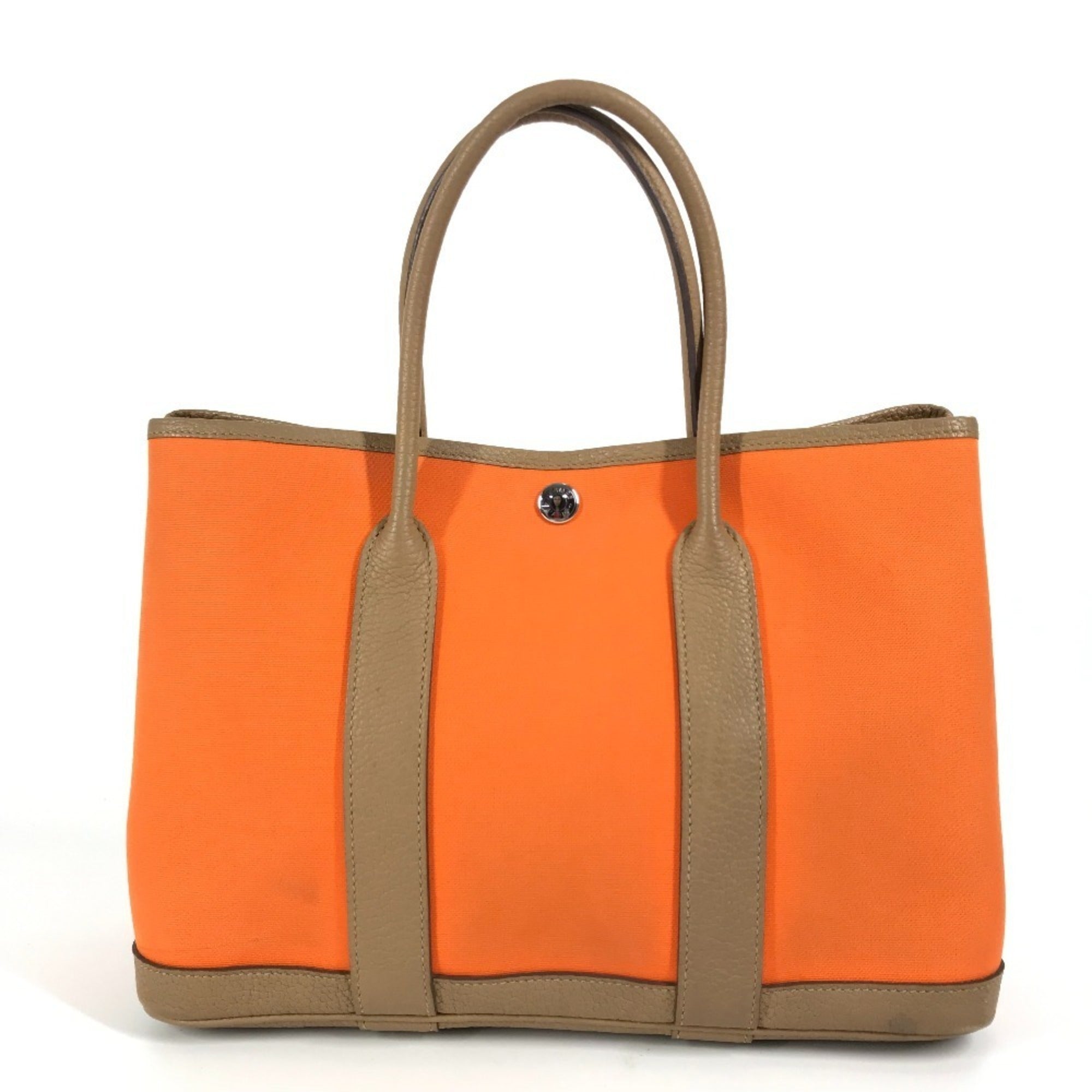 Hermes Garden Brown Orange Toile Officier Negonda Leather Handbag Tote Bag (Pre-Owned)