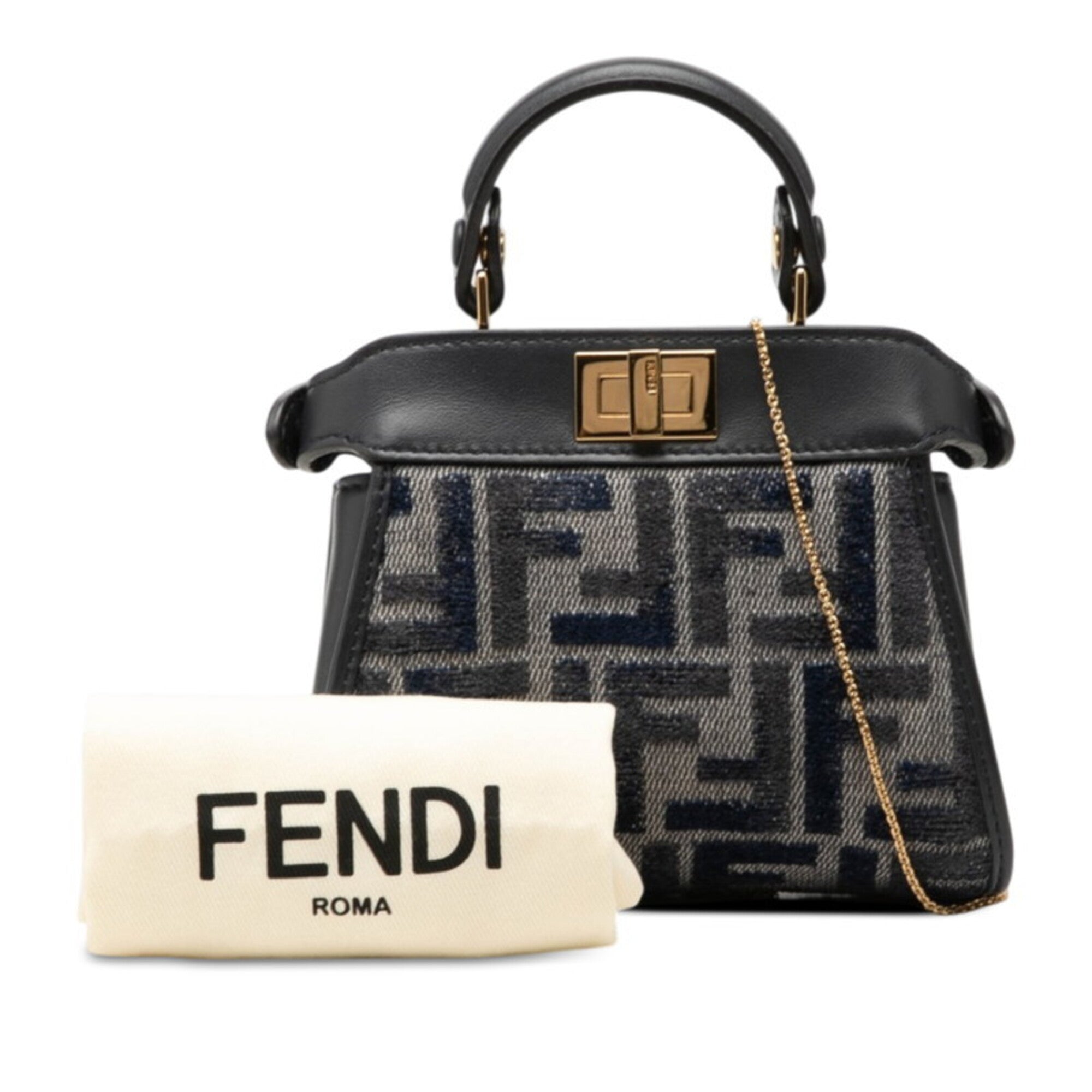 Fendi Navy Leather Canvas Handbag Shoulder Bag (Pre-Owned)