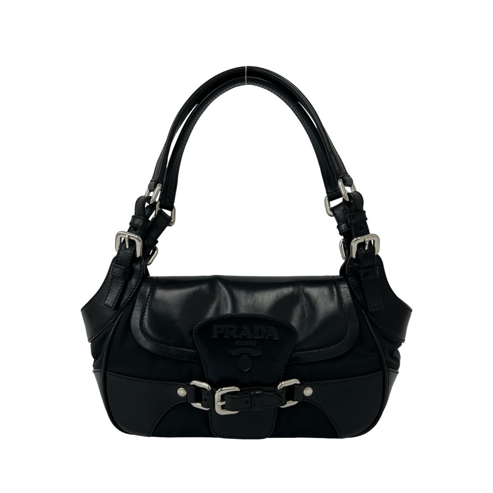 Prada Black Leather Nylon Handbag Shoulder Bag (Pre-Owned)