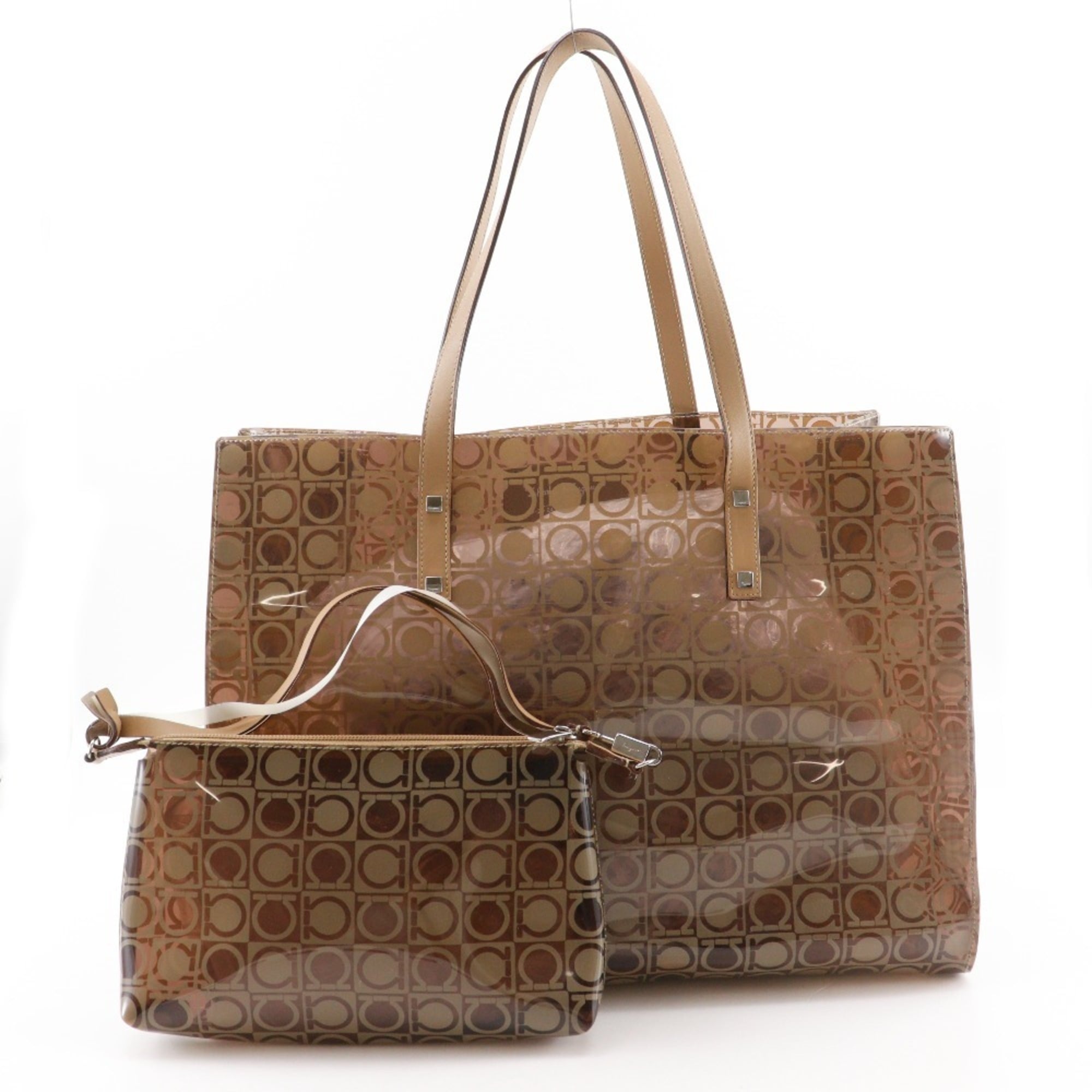 Salvatore Ferragamo Beige Vinyl Pouch Tote Bag (Pre-Owned)