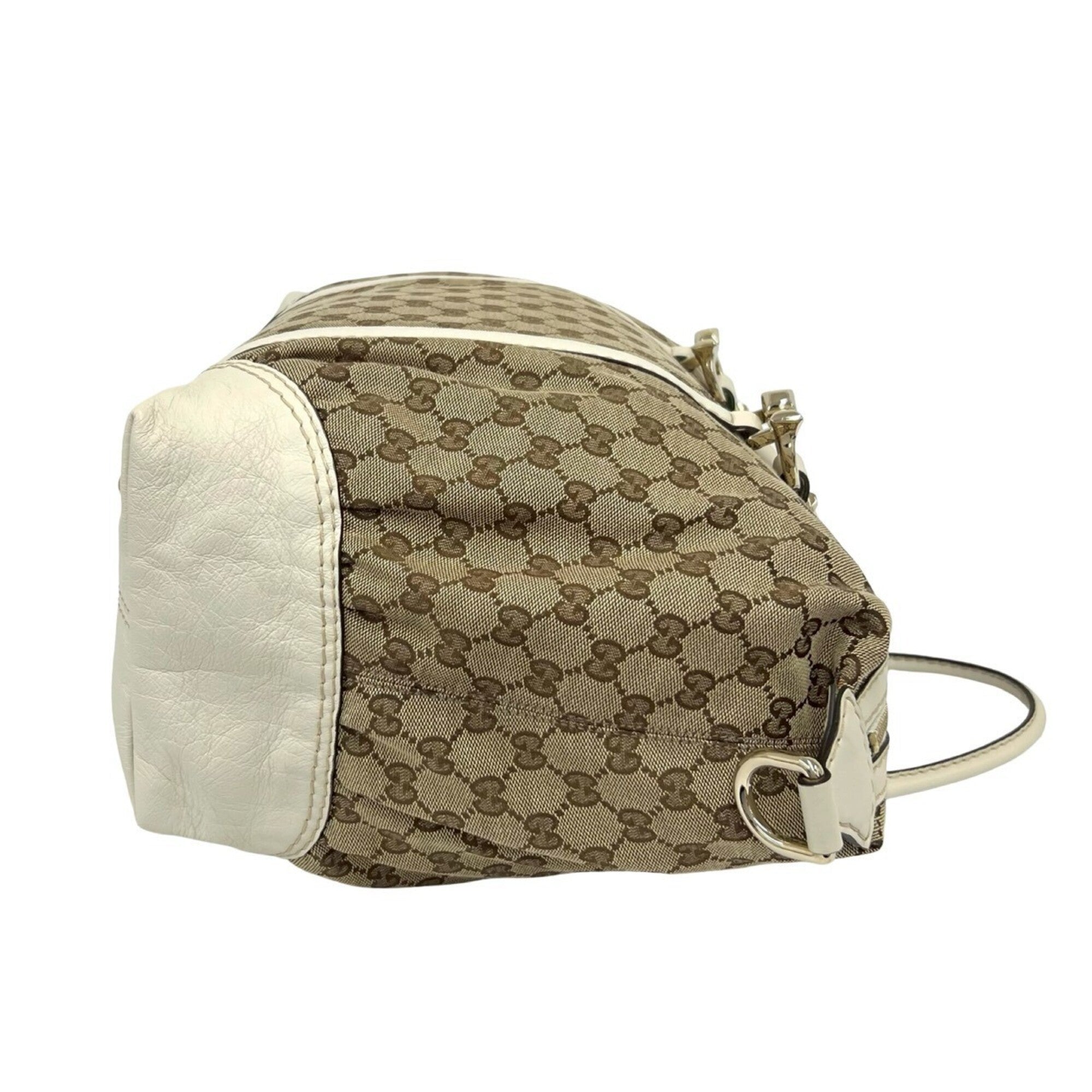 Gucci Brown White Canvas Leather Boston Bag Handbag (Pre-Owned)
