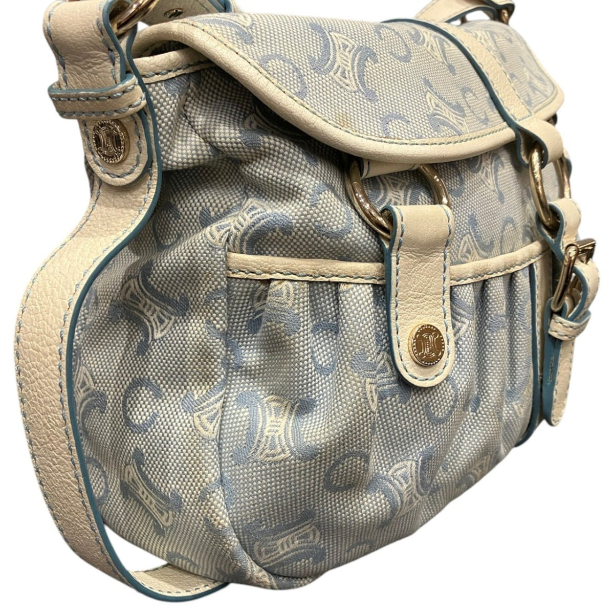 Celine Blue White Canvas Leather Shoulder Bag (Pre-Owned)