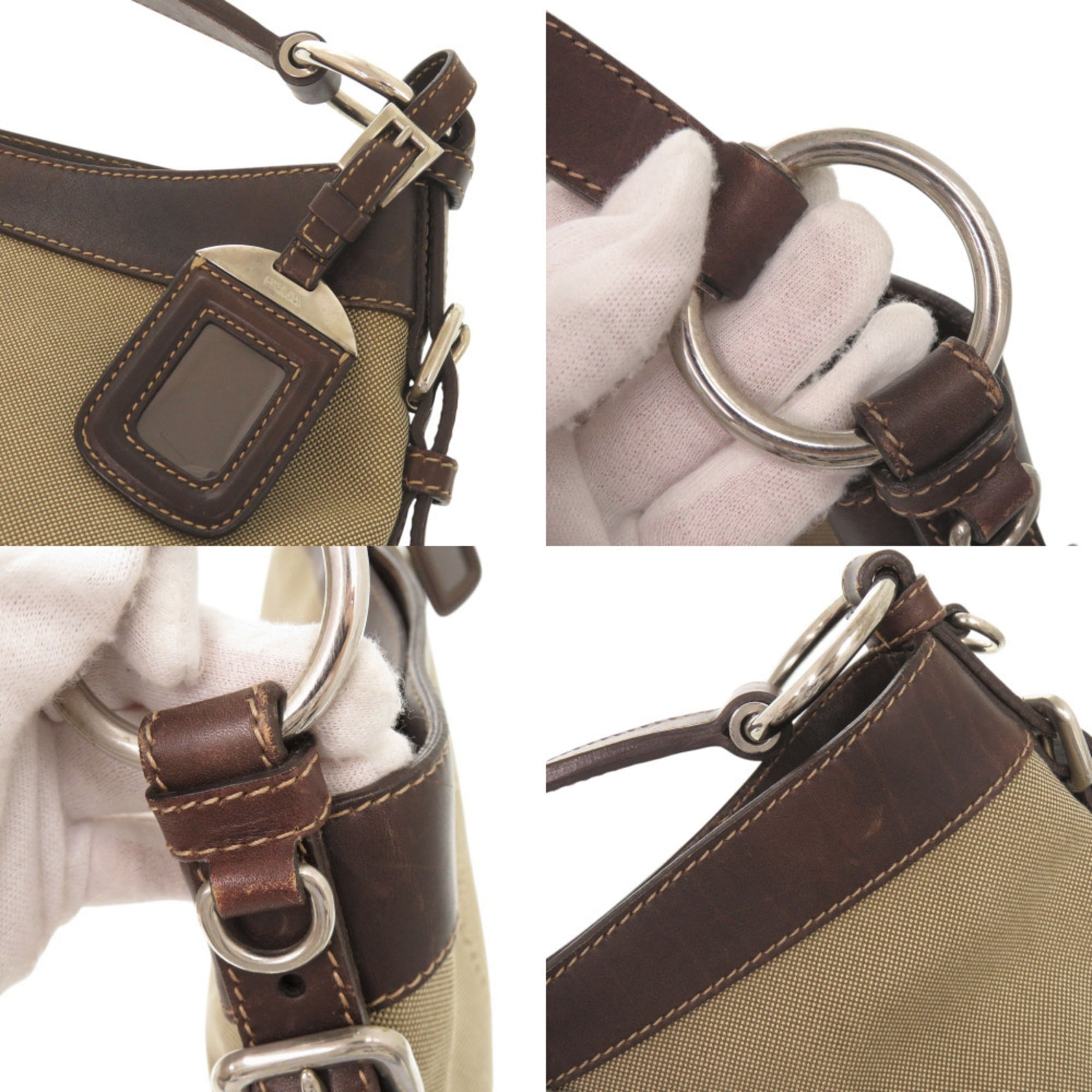 Prada Beige Brown Canvas Leather Shoulder Bag (Pre-Owned)