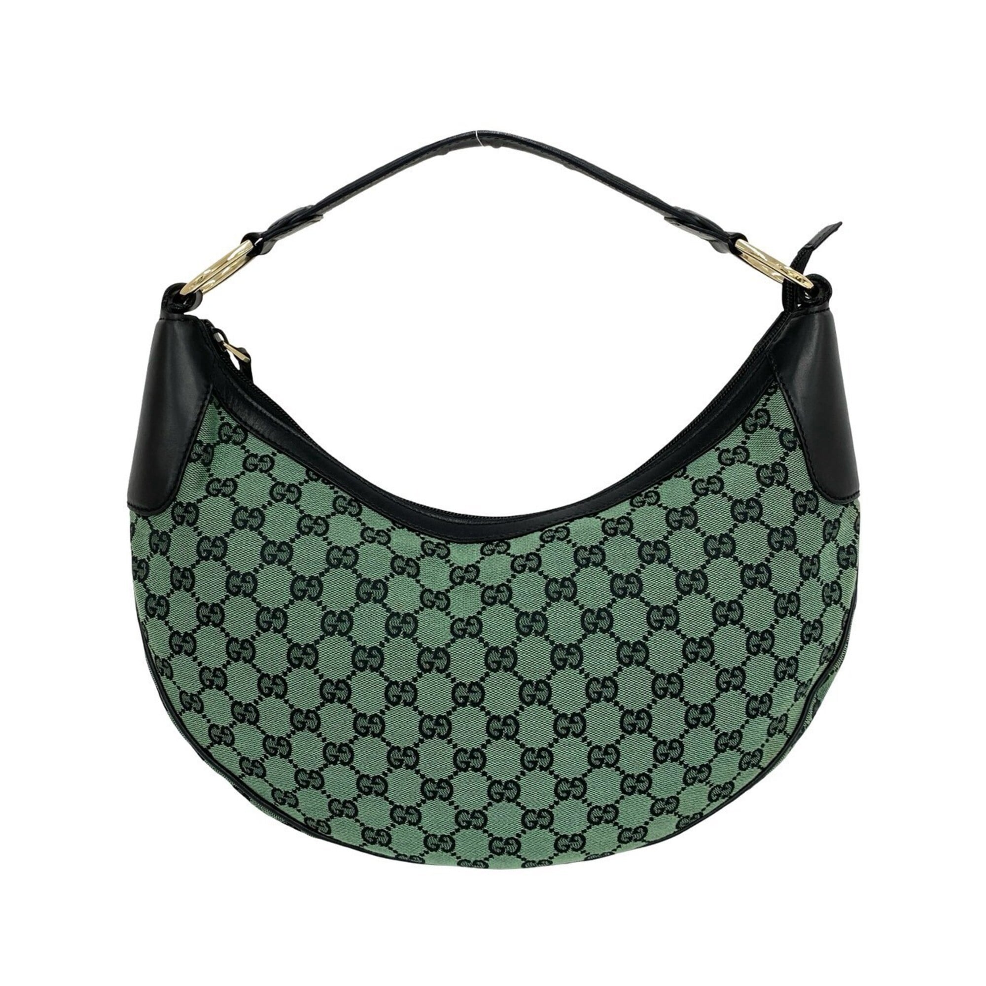 Gucci Black Green Canvas Leather Handbag Shoulder Bag (Pre-Owned)