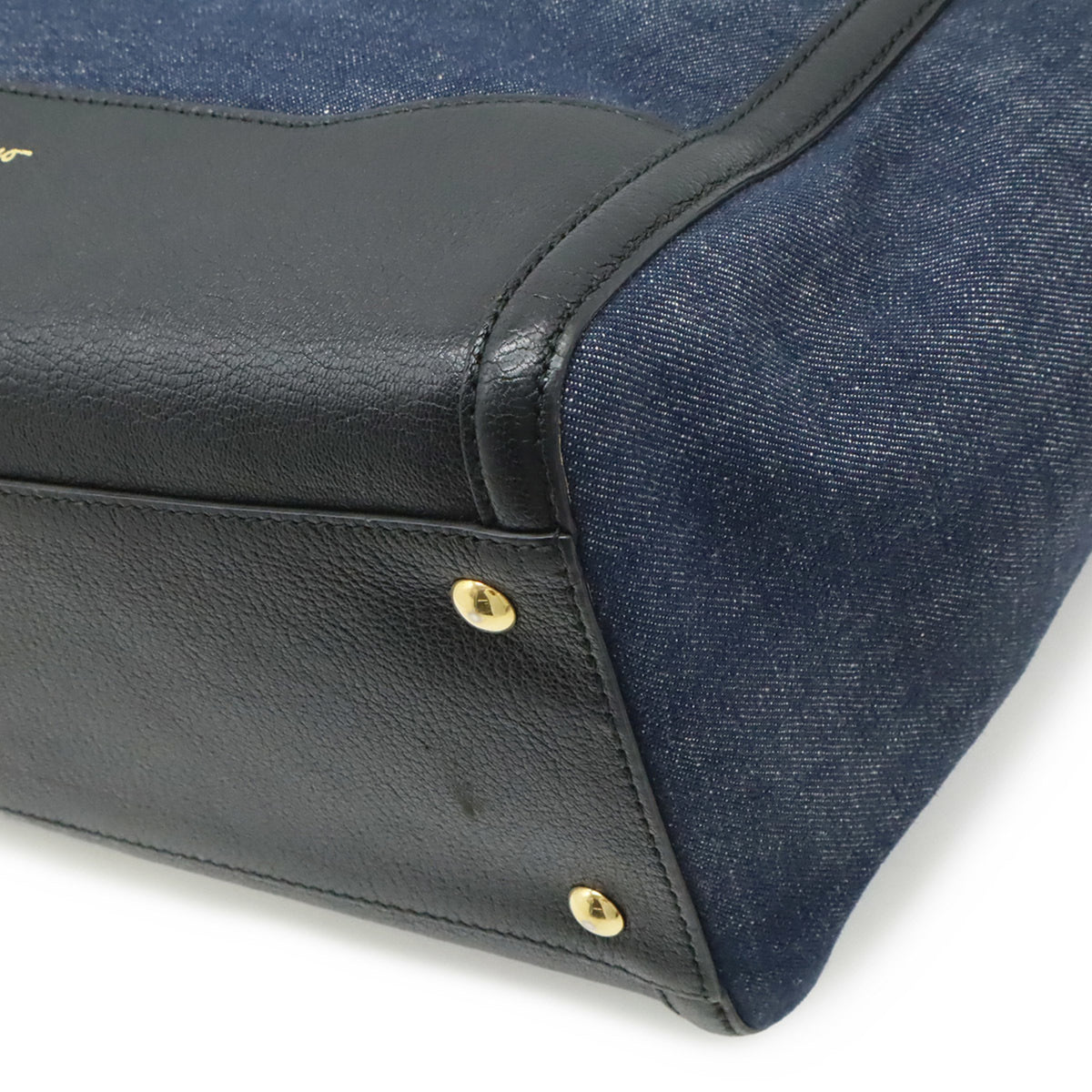 Salvatore Ferragamo Navy Black Denim Leather Shoulder Bag Tote Bag (Pre-Owned)