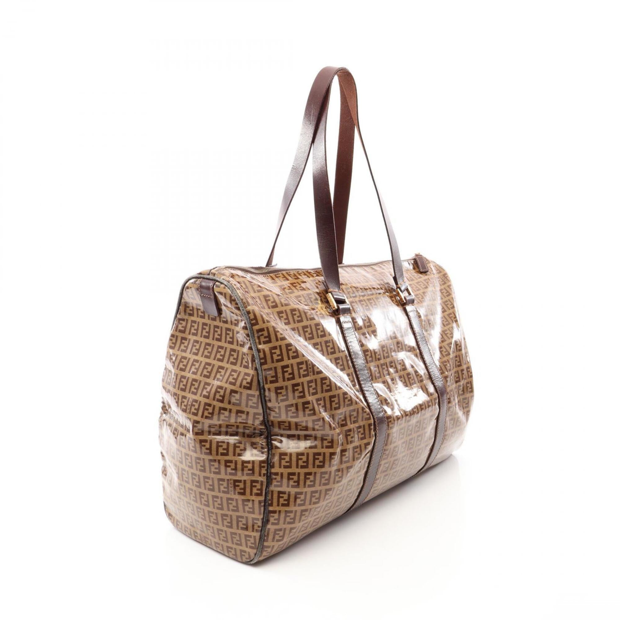 Fendi Beige Brown Canvas Leather Boston Bag Handbag (Pre-Owned)